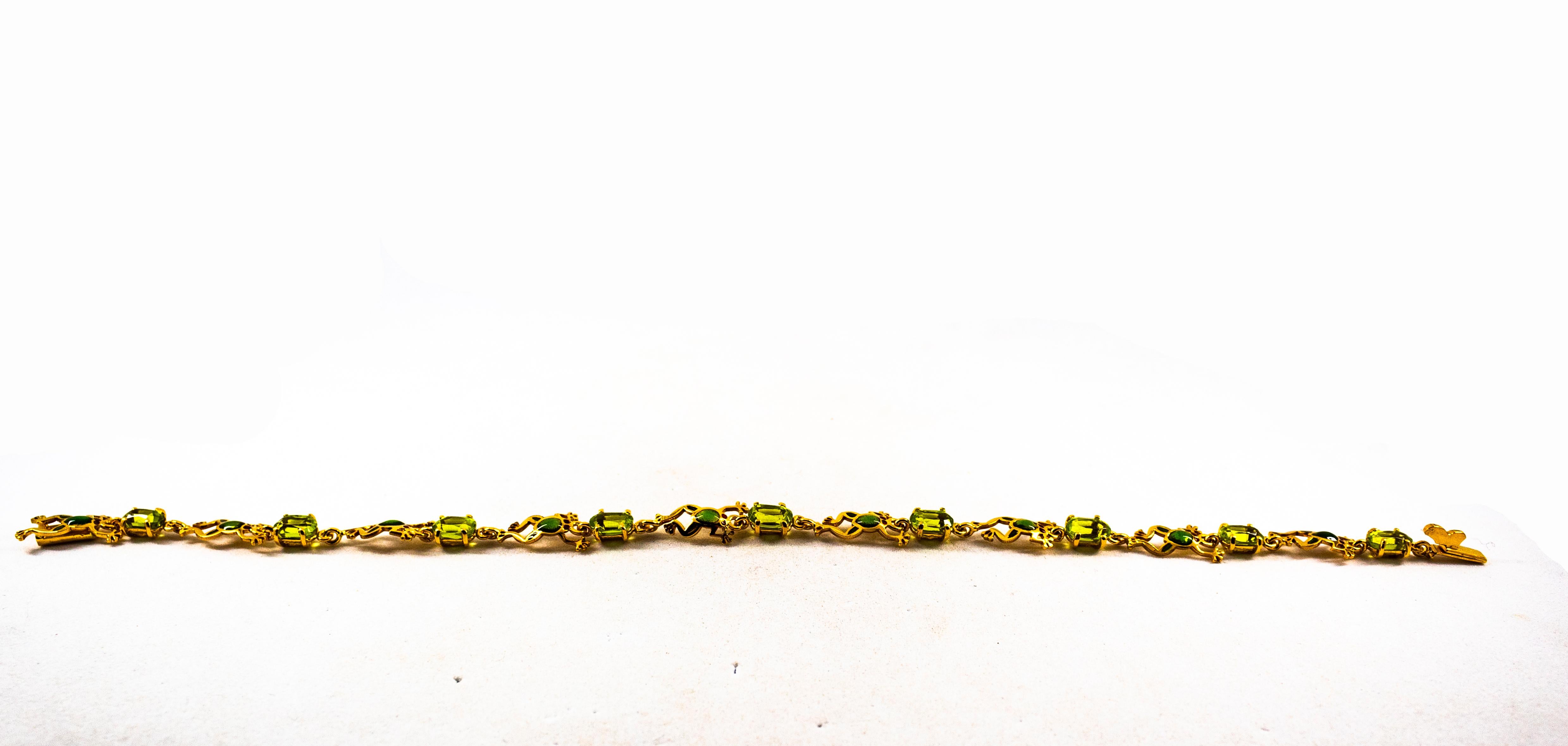This Bracelet is made of 9K Yellow Gold.
This Bracelet has 5.40 Carats of Oval Cut Peridot.
This Bracelet has Enamel.

This Bracelet has its matching Necklace.
This Bracelet is available also with White Diamonds.
This Bracelet is available also with