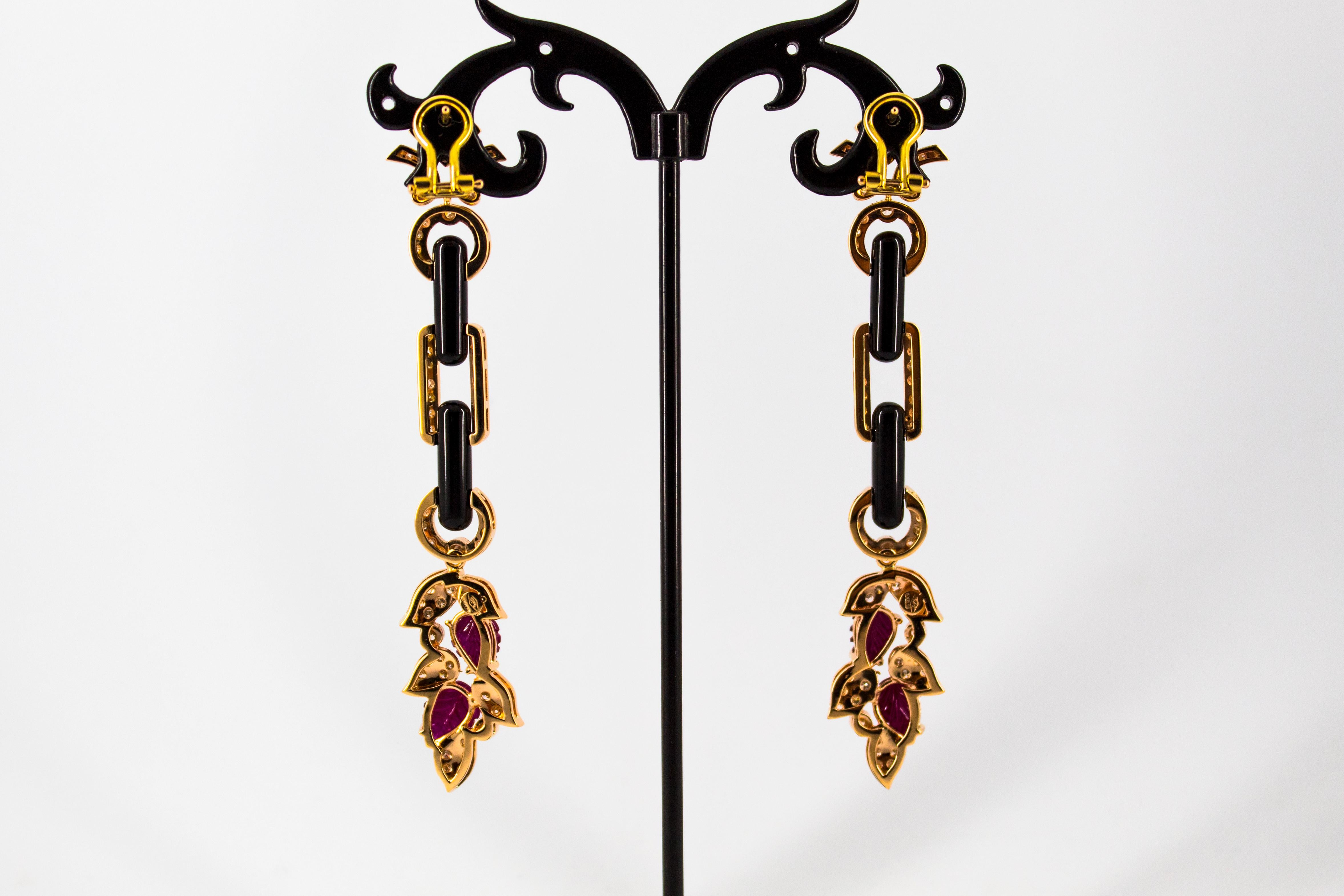Art Nouveau Style 6.56 Carat White Diamond Ruby Onyx Yellow Gold Drop Earrings For Sale 3