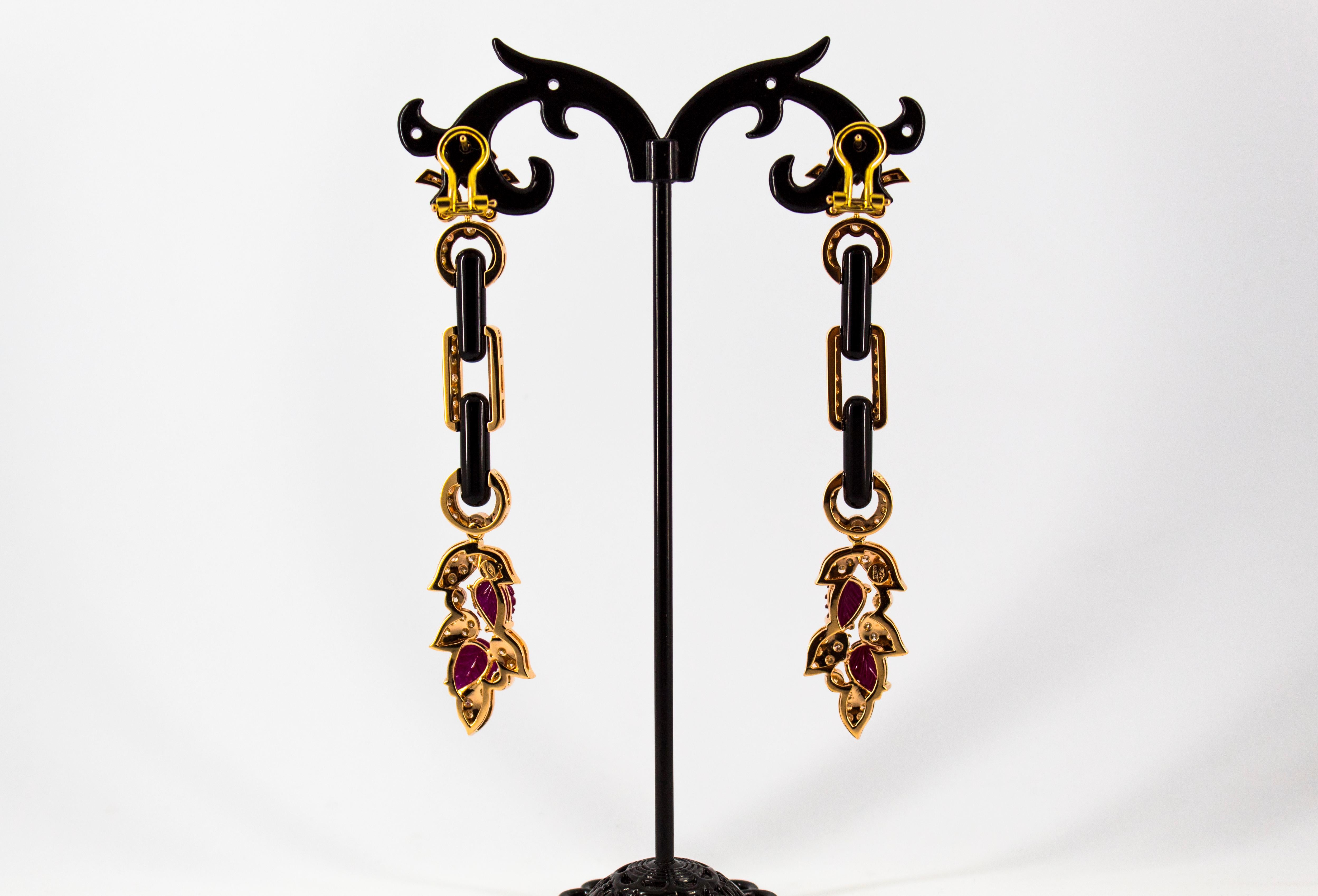 Art Nouveau Style 6.56 Carat White Diamond Ruby Onyx Yellow Gold Drop Earrings 6