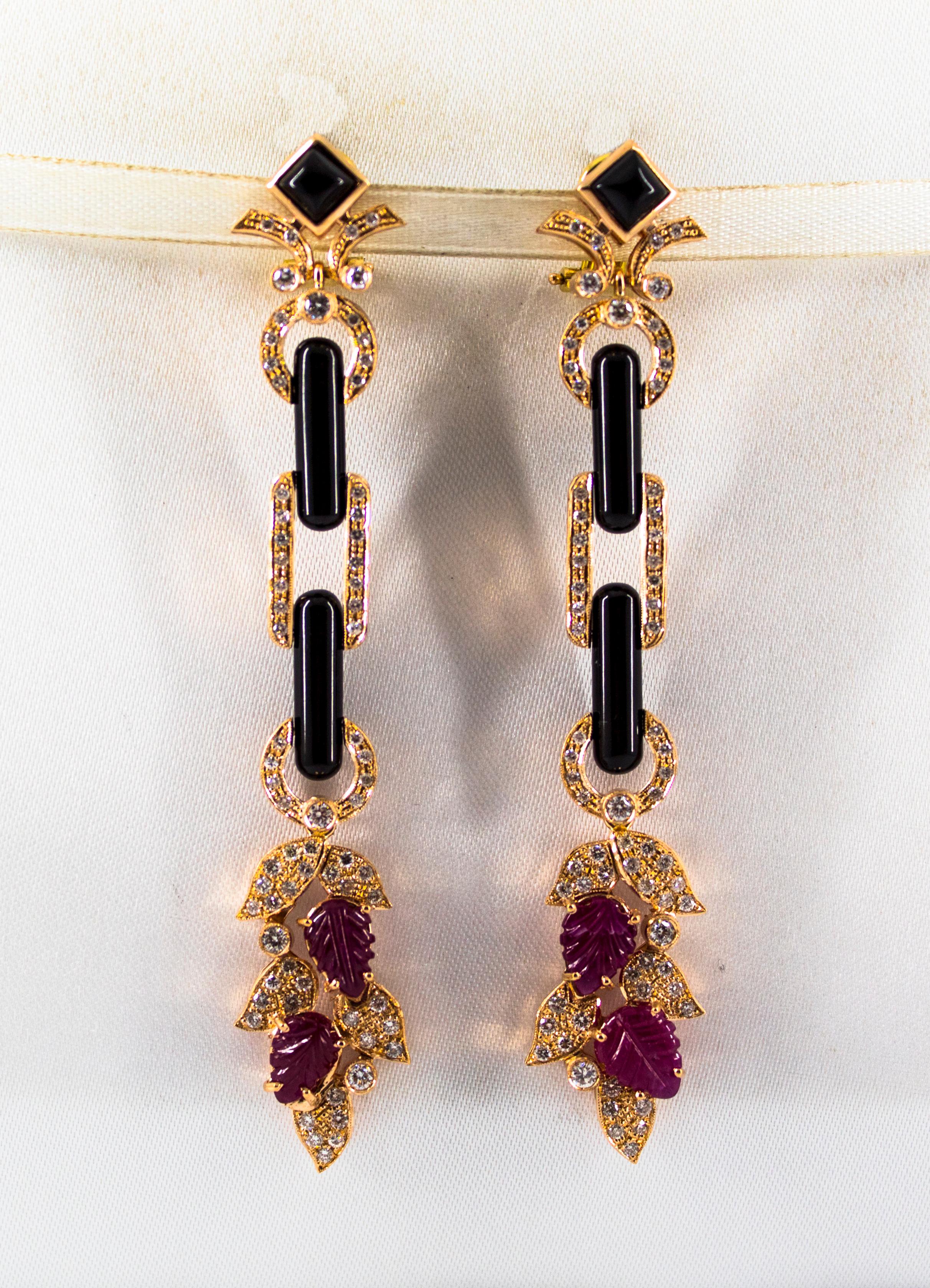 Art Nouveau Style 6.56 Carat White Diamond Ruby Onyx Yellow Gold Drop Earrings For Sale 5