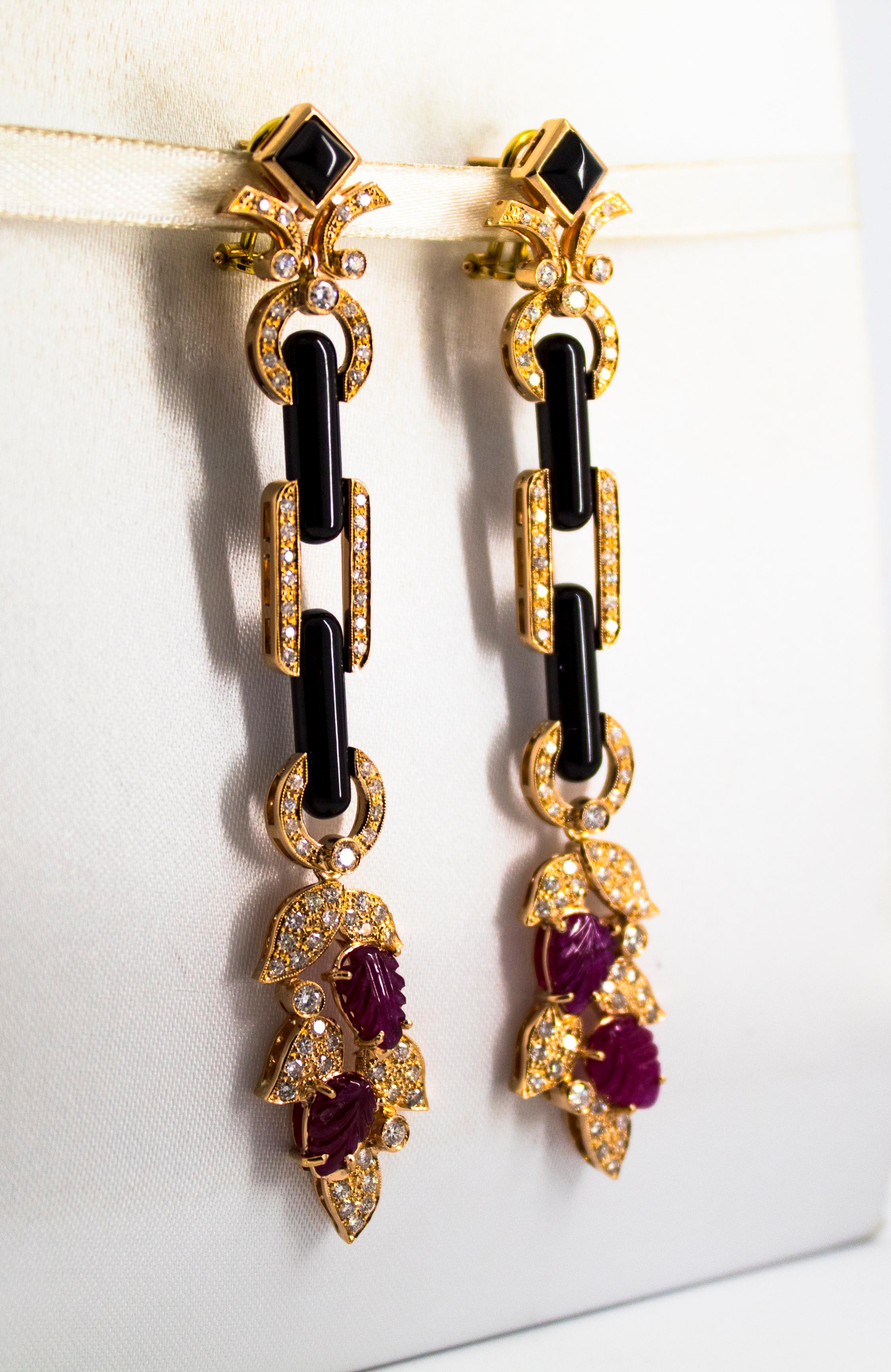 Art Nouveau Style 6.56 Carat White Diamond Ruby Onyx Yellow Gold Drop Earrings 8