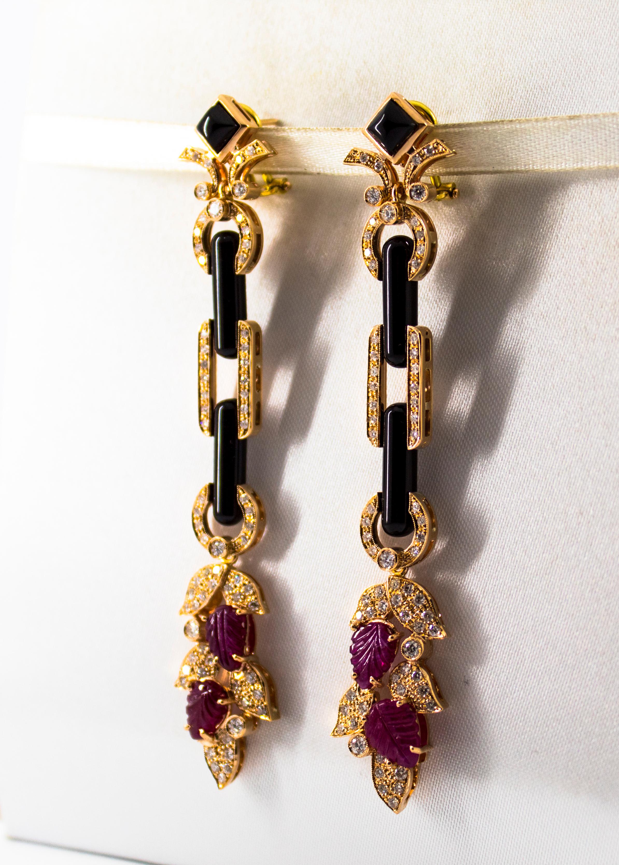 Art Nouveau Style 6.56 Carat White Diamond Ruby Onyx Yellow Gold Drop Earrings 9