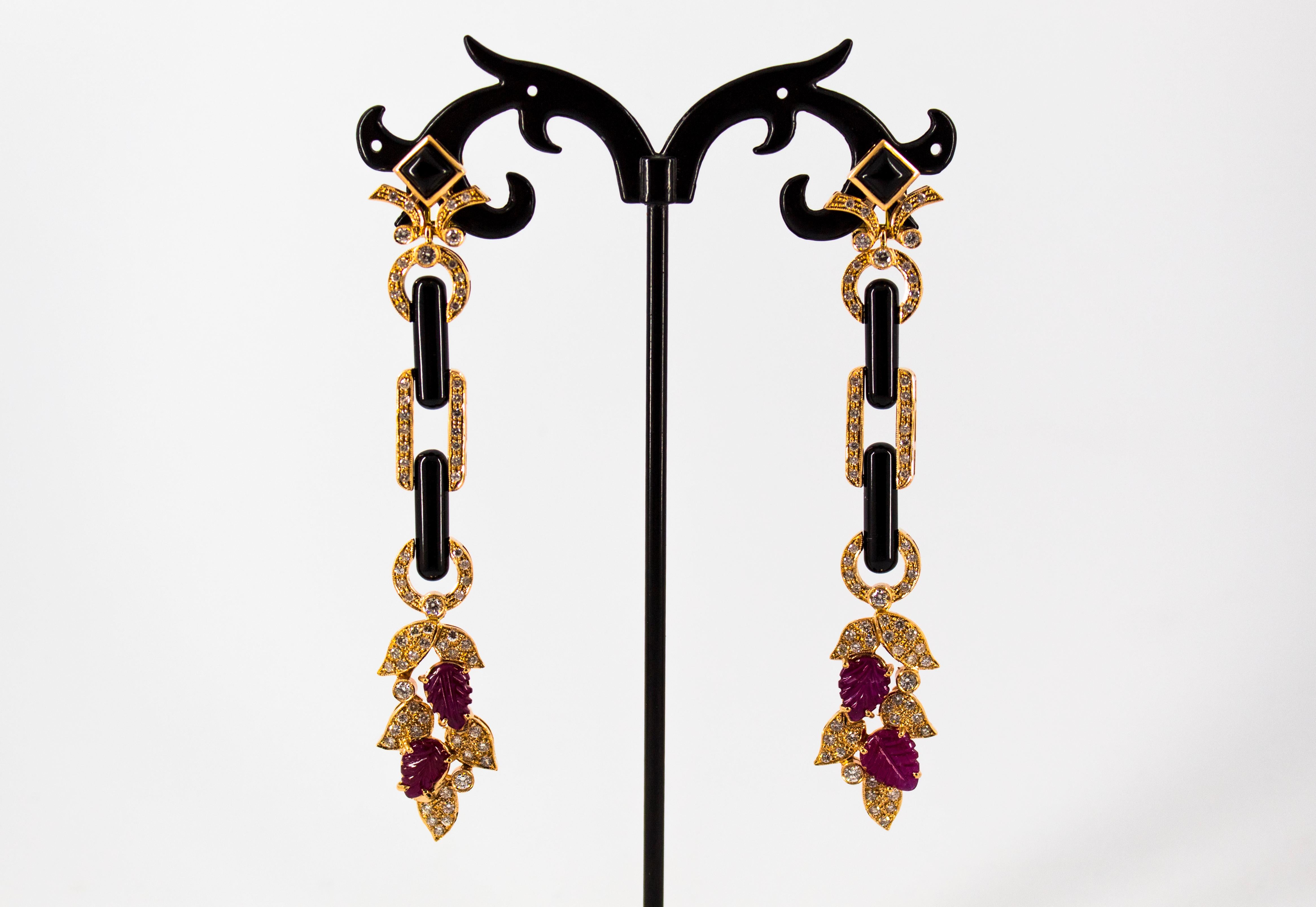 Brilliant Cut Art Nouveau Style 6.56 Carat White Diamond Ruby Onyx Yellow Gold Drop Earrings For Sale