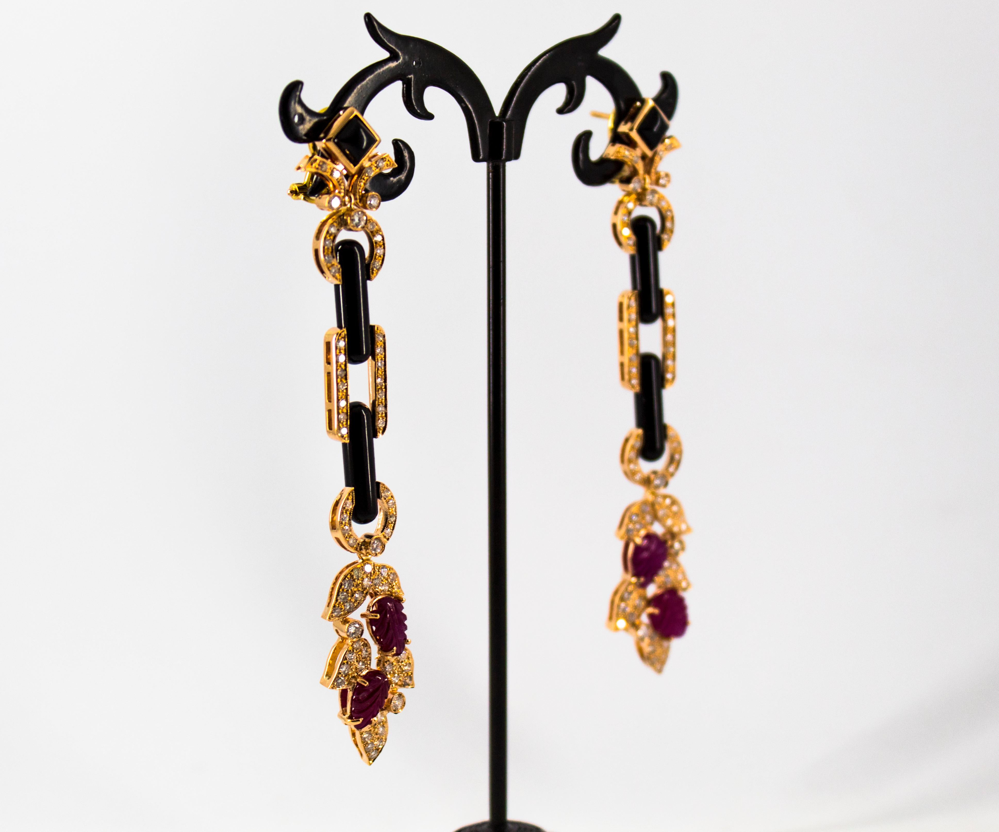 Art Nouveau Style 6.56 Carat White Diamond Ruby Onyx Yellow Gold Drop Earrings 1