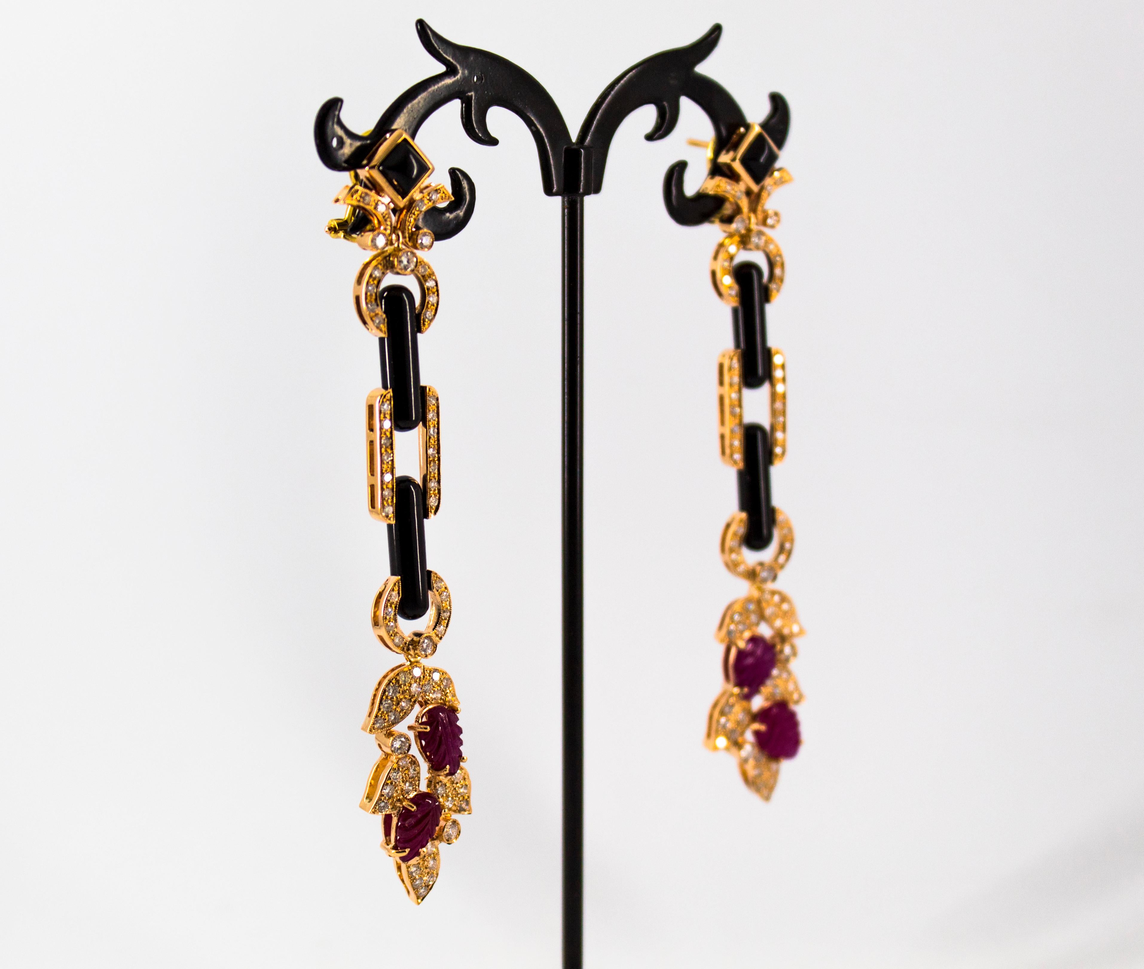 Art Nouveau Style 6.56 Carat White Diamond Ruby Onyx Yellow Gold Drop Earrings 2