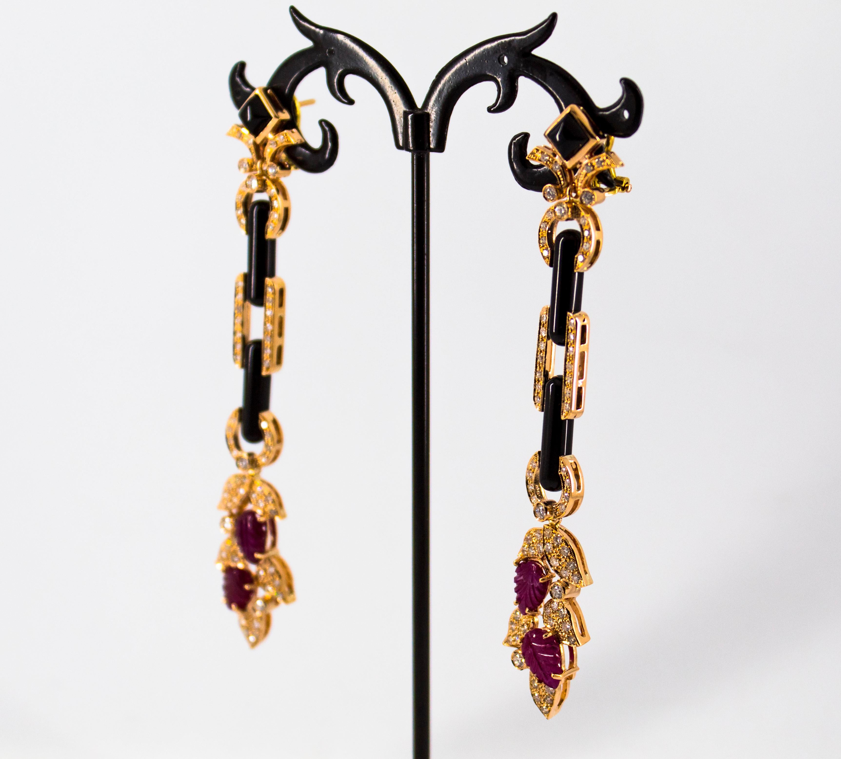 Art Nouveau Style 6.56 Carat White Diamond Ruby Onyx Yellow Gold Drop Earrings For Sale 1