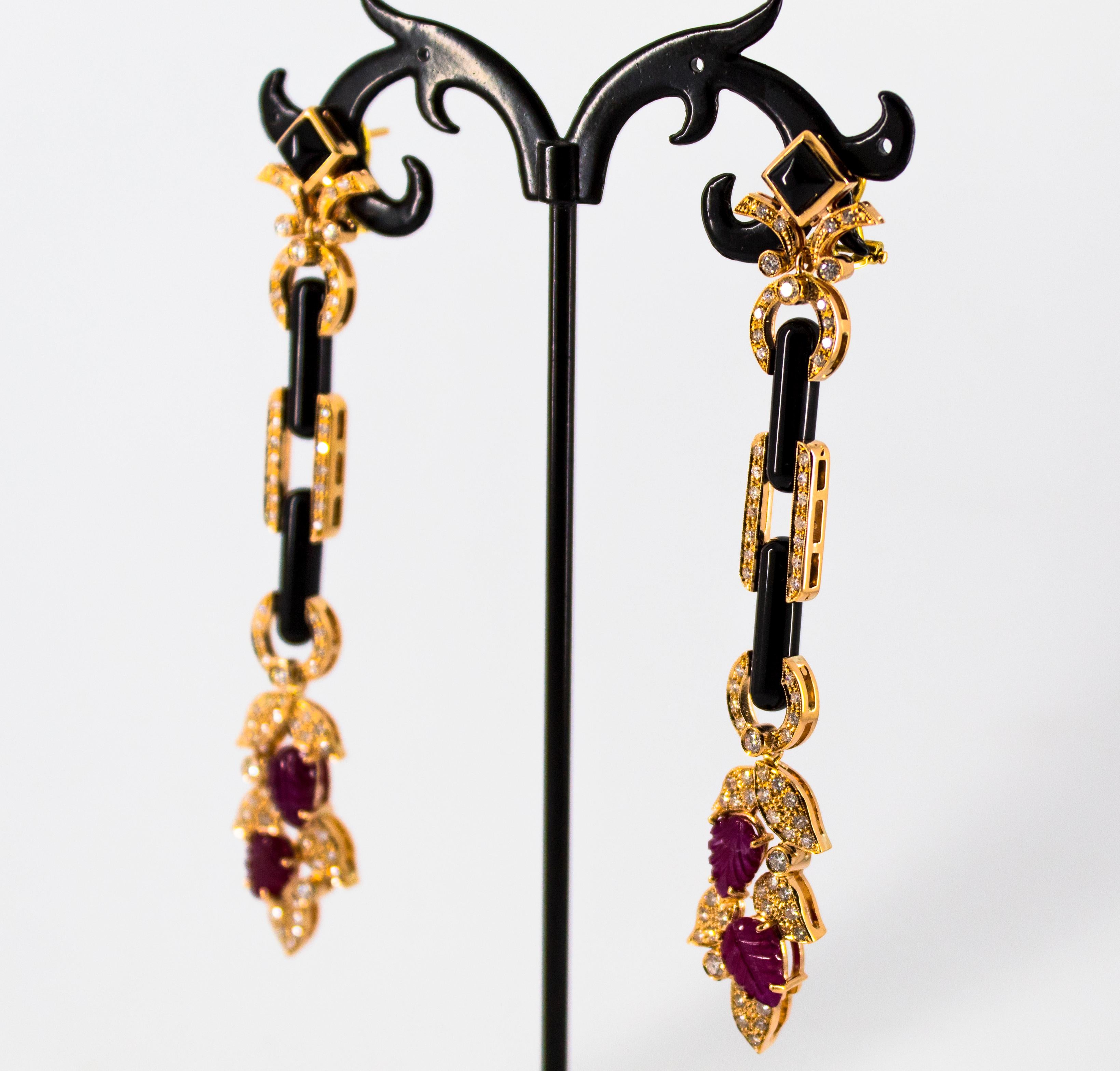 Art Nouveau Style 6.56 Carat White Diamond Ruby Onyx Yellow Gold Drop Earrings For Sale 2