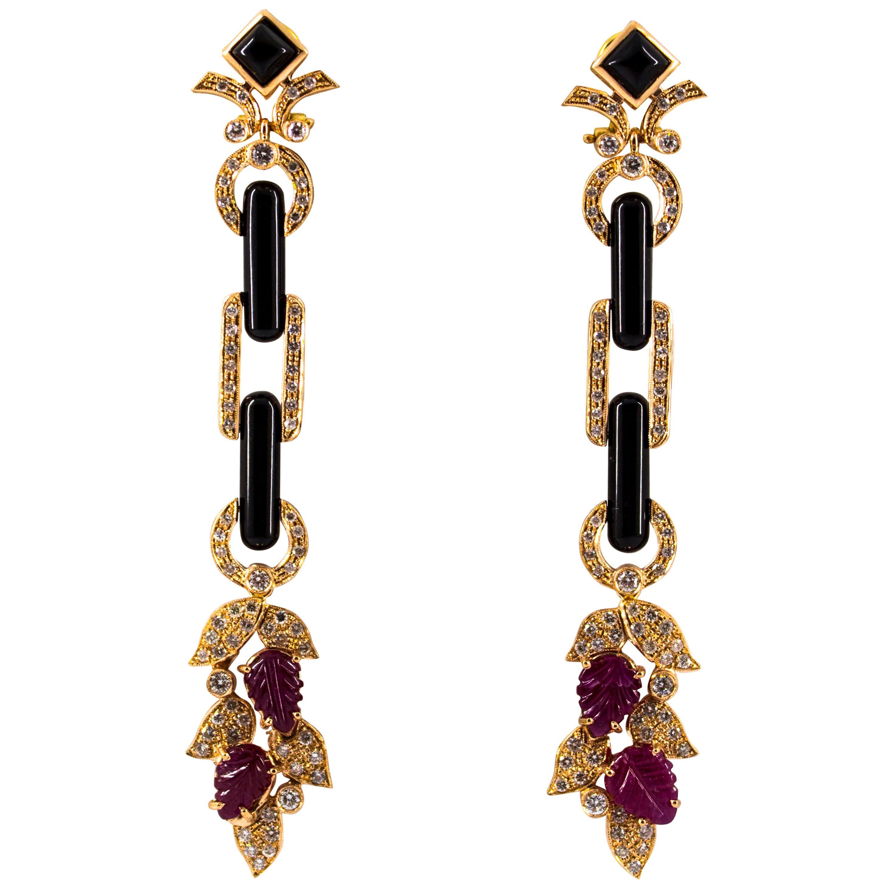 Art Nouveau Style 6.56 Carat White Diamond Ruby Onyx Yellow Gold Drop Earrings For Sale
