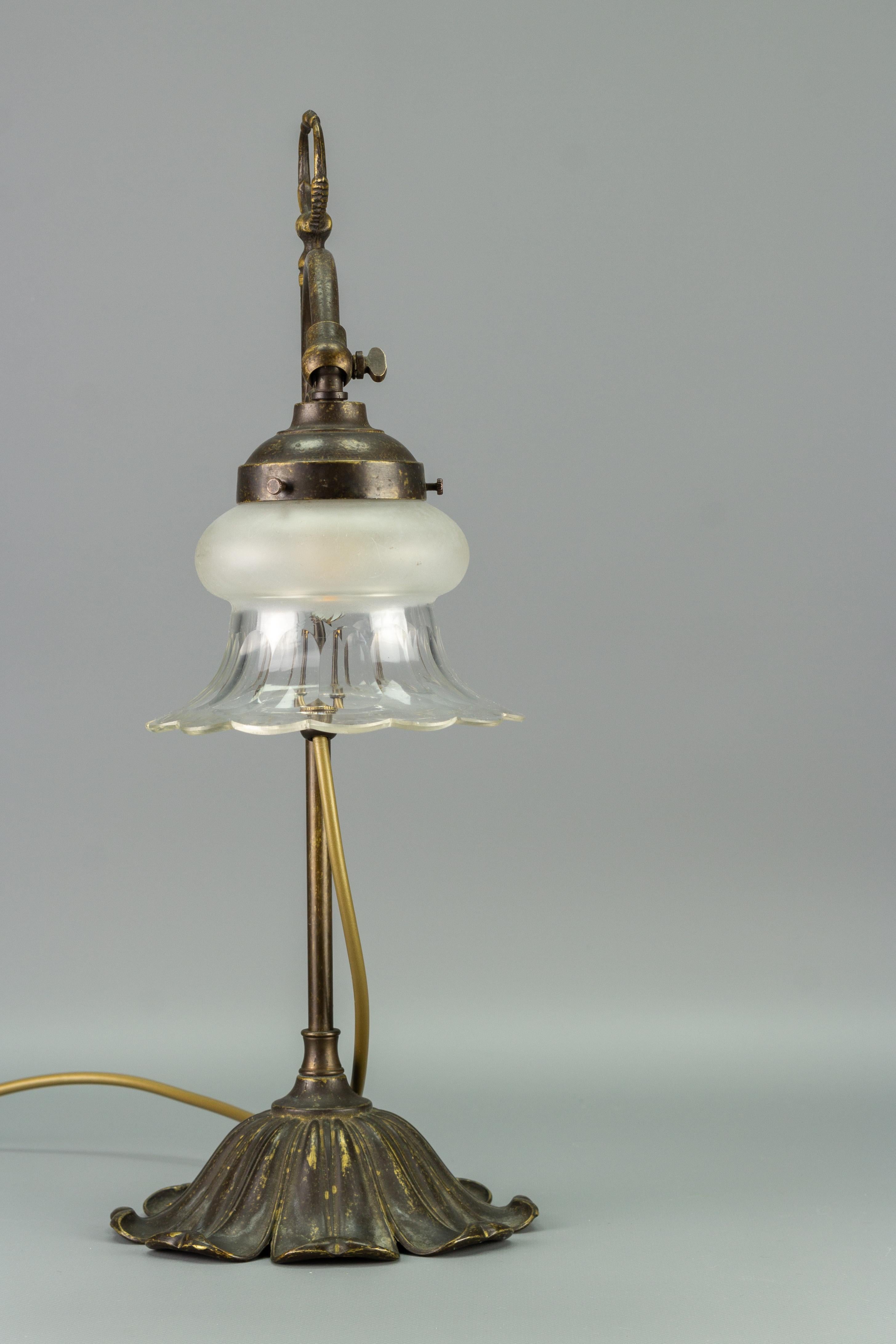 Late 20th Century Art Nouveau Style Adjustable Height Brass and Glass Table Lamp