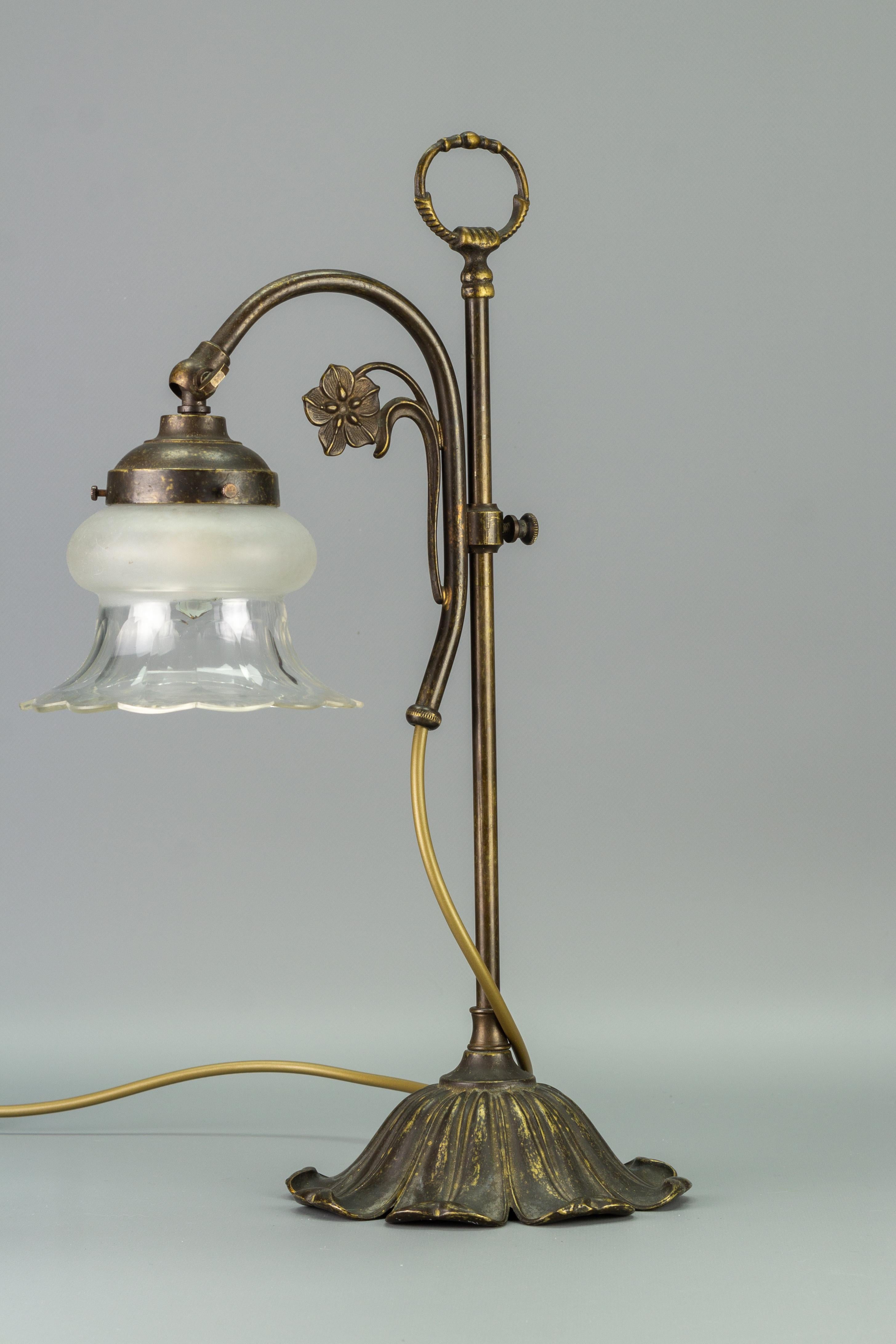 Metal Art Nouveau Style Adjustable Height Brass and Glass Table Lamp