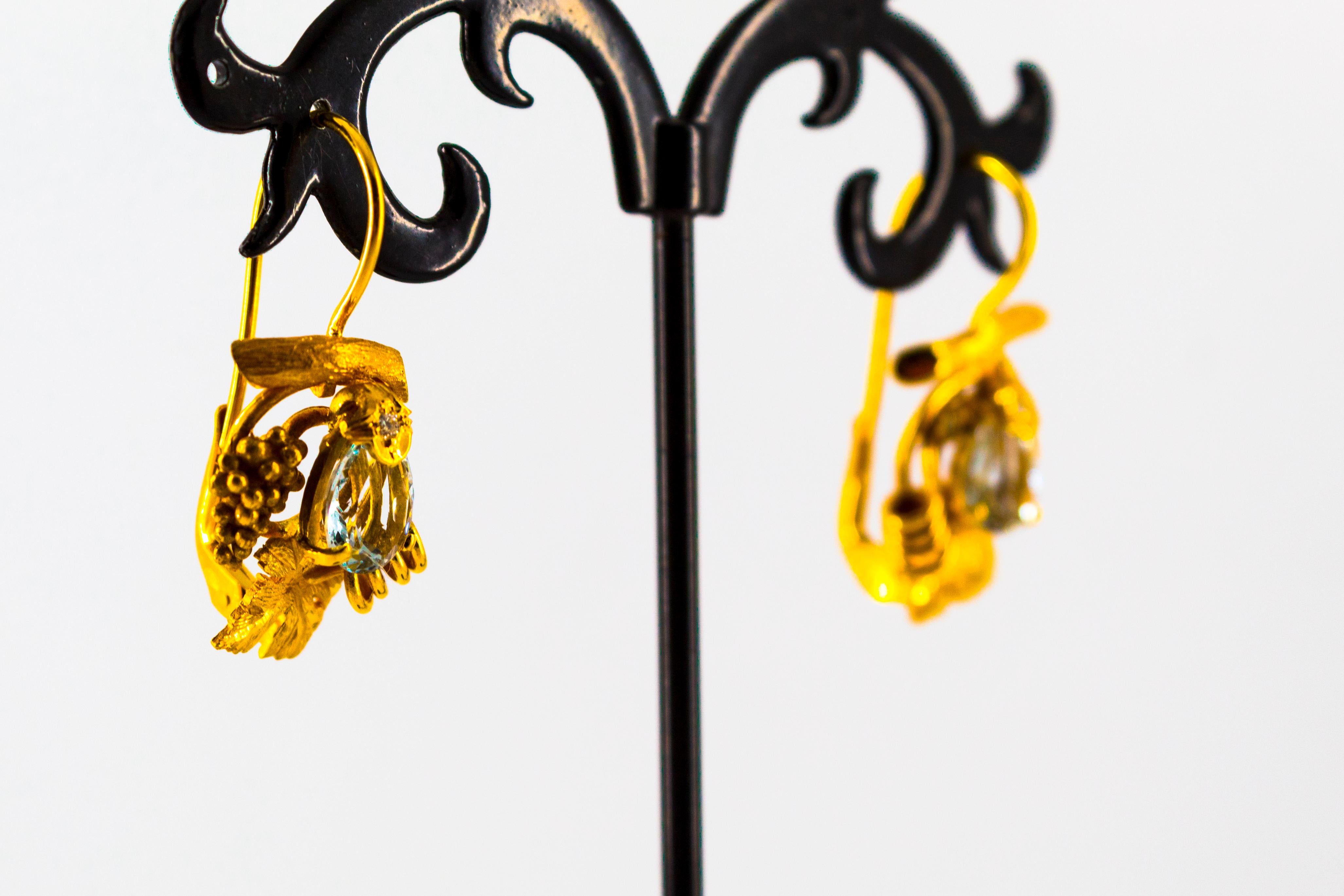 Art Nouveau Style Aquamarine White Diamond Yellow Gold Lever-Back Earrings 7