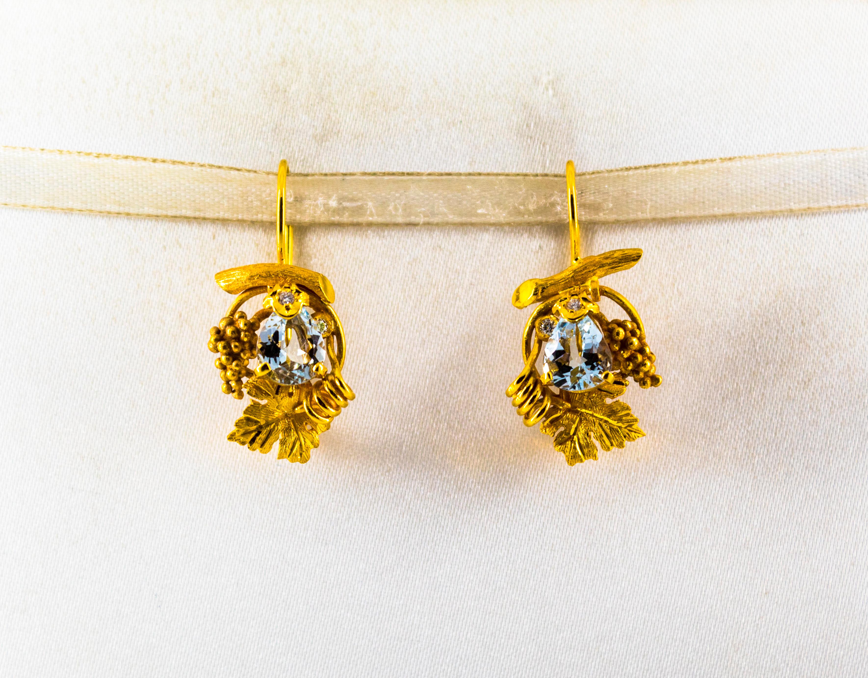 Brilliant Cut Art Nouveau Style Aquamarine White Diamond Yellow Gold Lever-Back Earrings