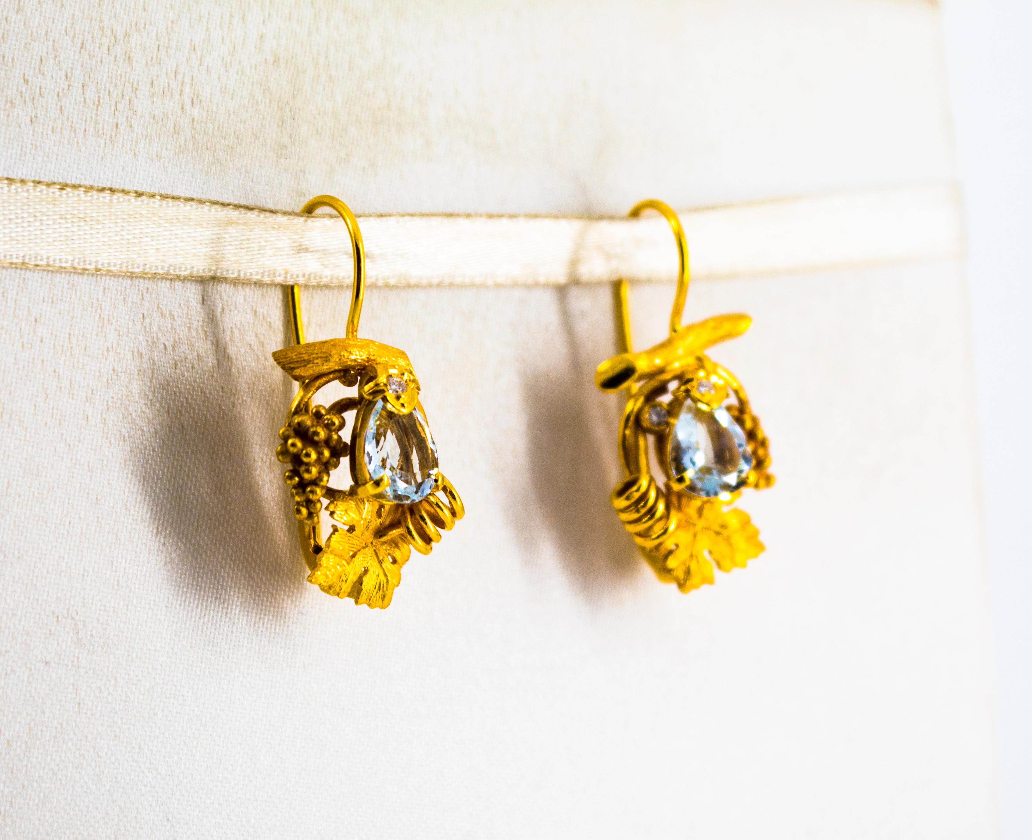 Women's or Men's Art Nouveau Style Aquamarine White Diamond Yellow Gold Lever-Back Earrings