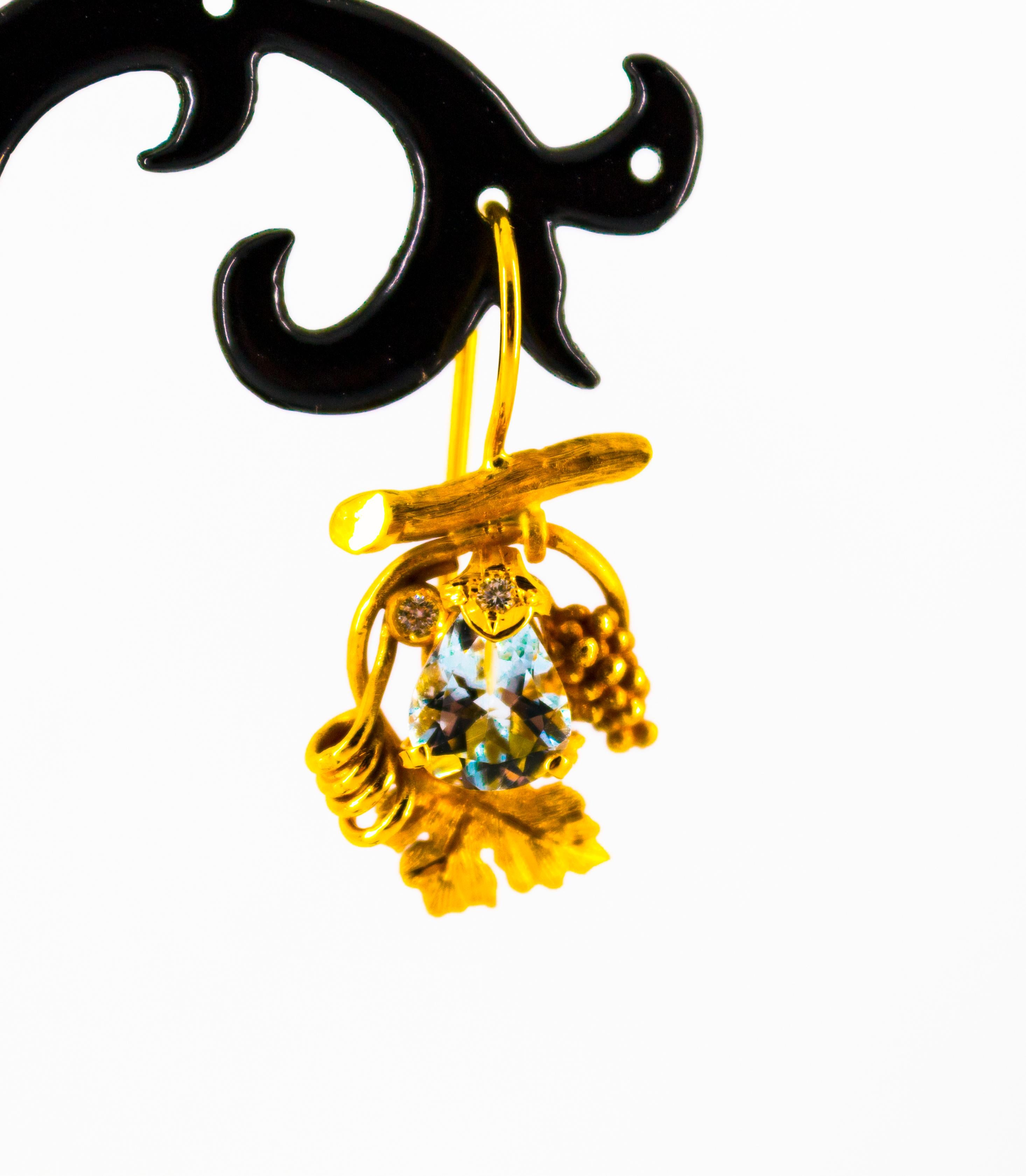Art Nouveau Style Aquamarine White Diamond Yellow Gold Lever-Back Earrings For Sale 4