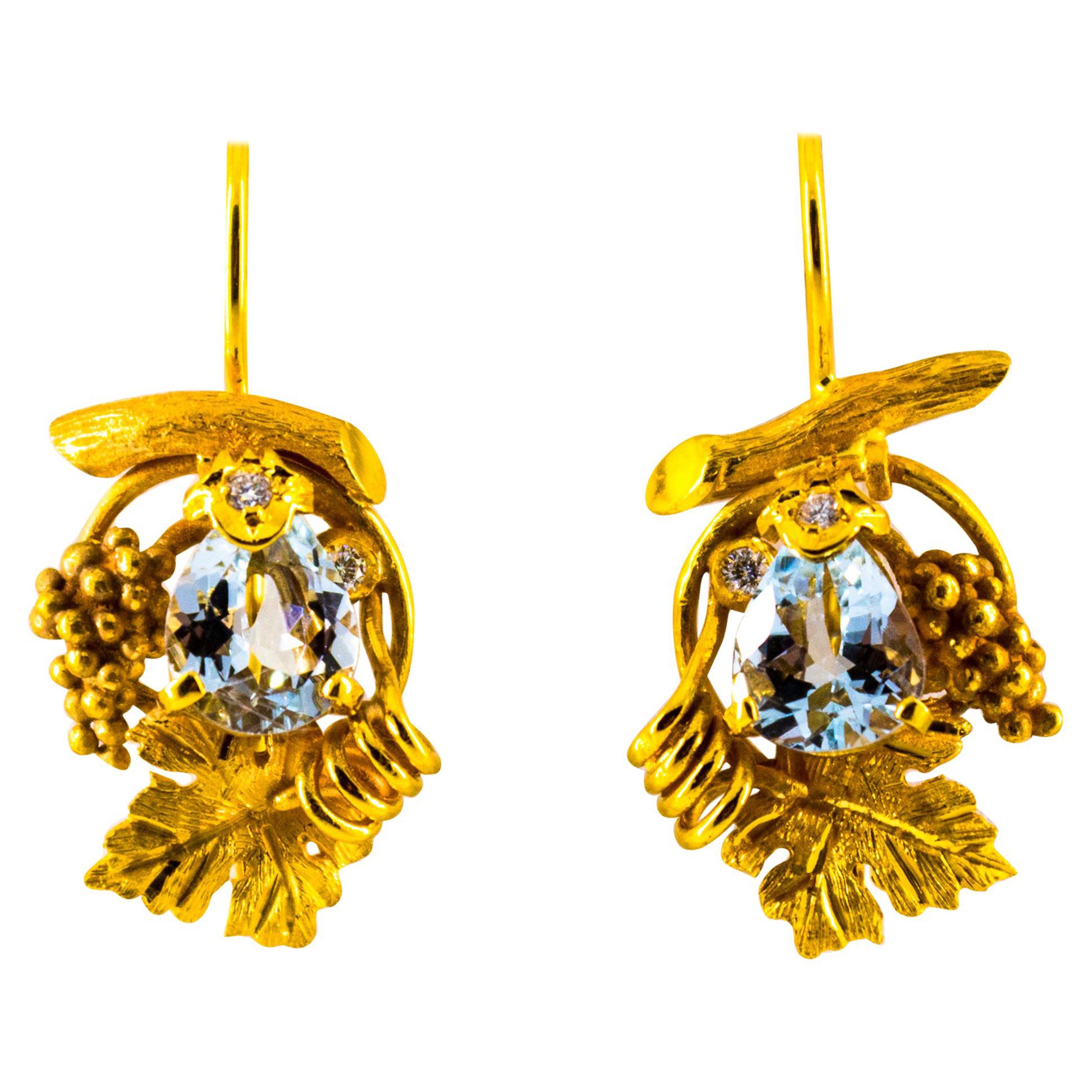 Art Nouveau Style Aquamarine White Diamond Yellow Gold Lever-Back Earrings For Sale