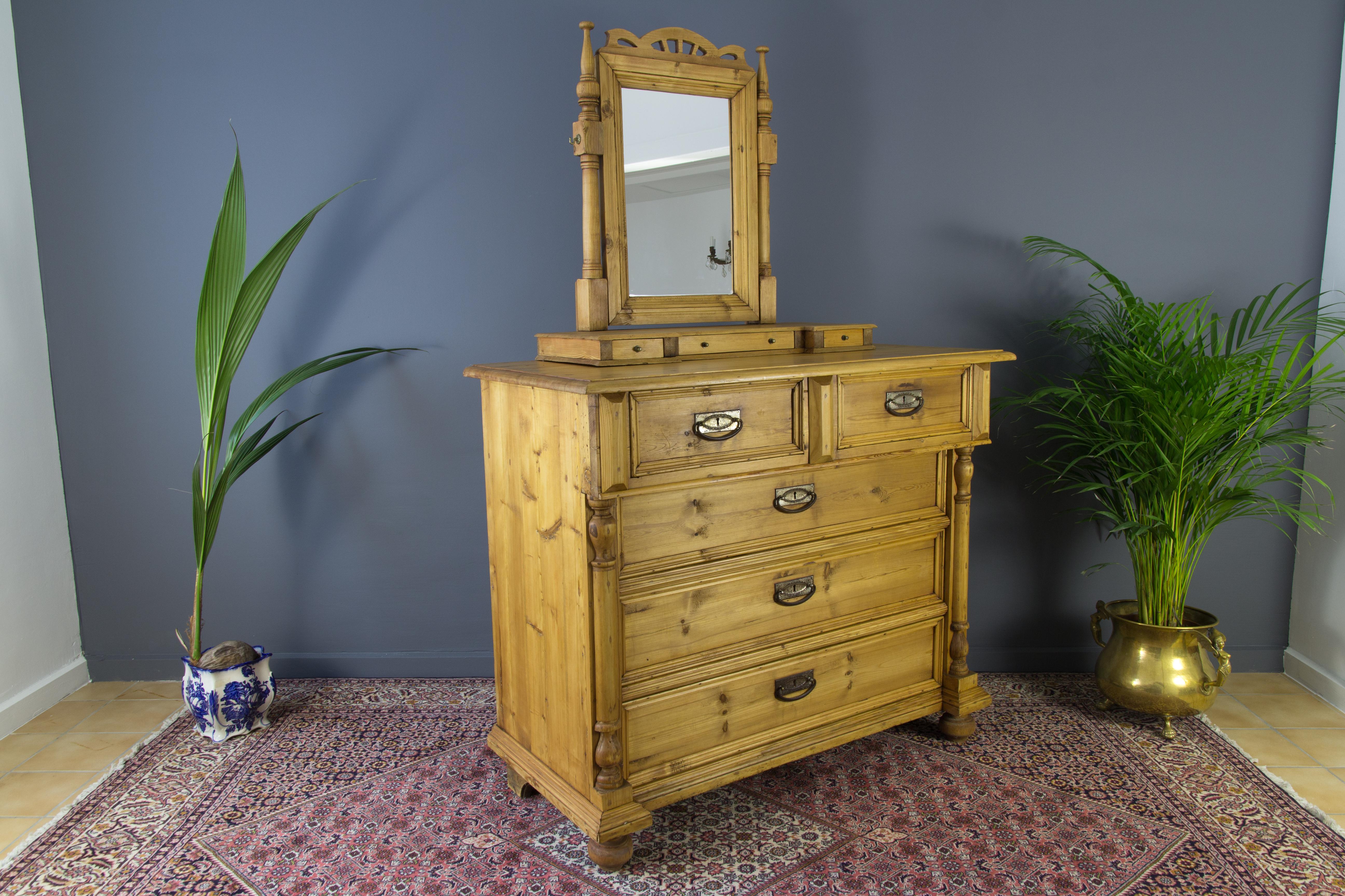 Art Nouveau Baltic Pine Chest of Drawers with Mirror, 1930s For Sale 4