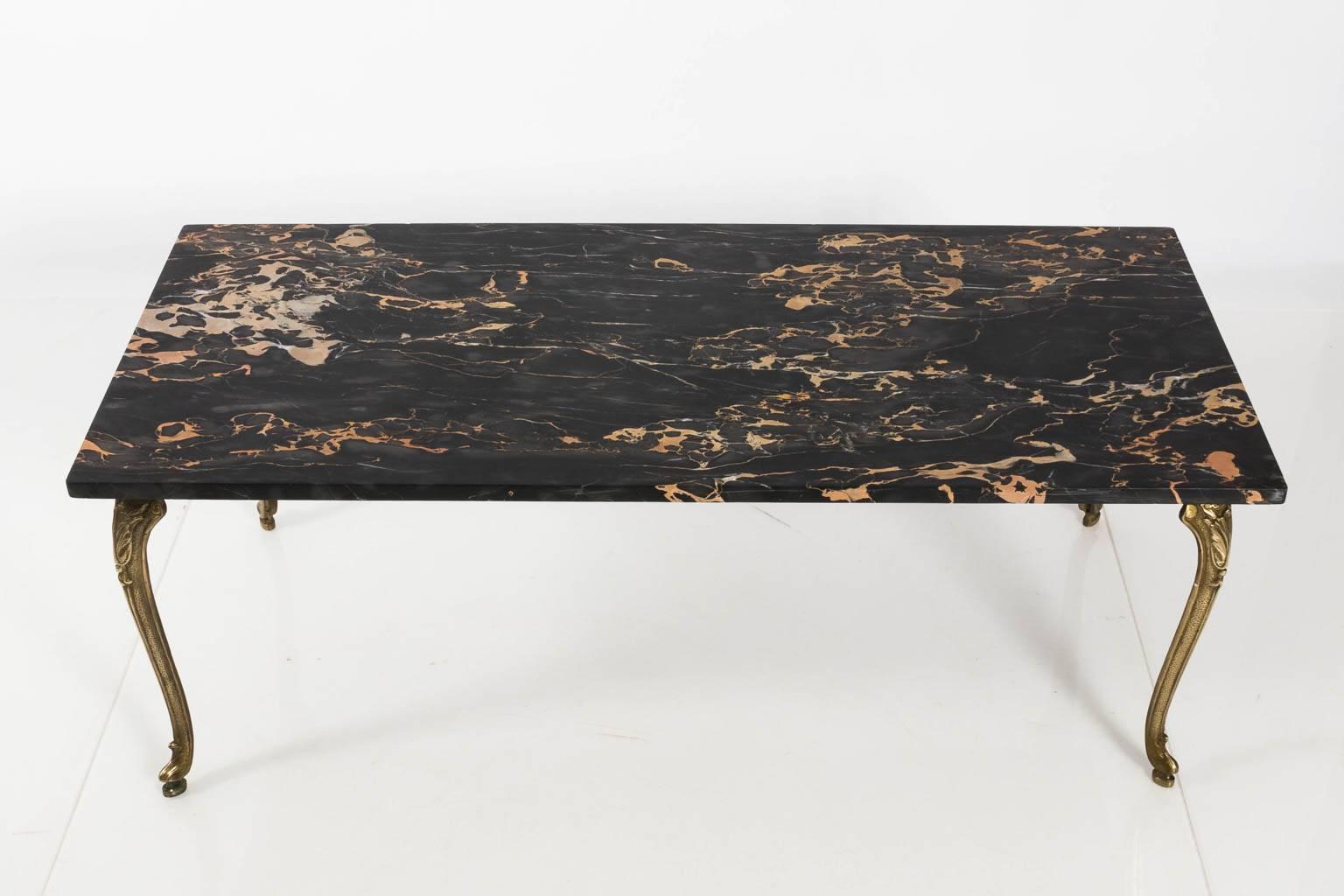 Brass Art Nouveau Style Black Egyptian Marble Coffee Table