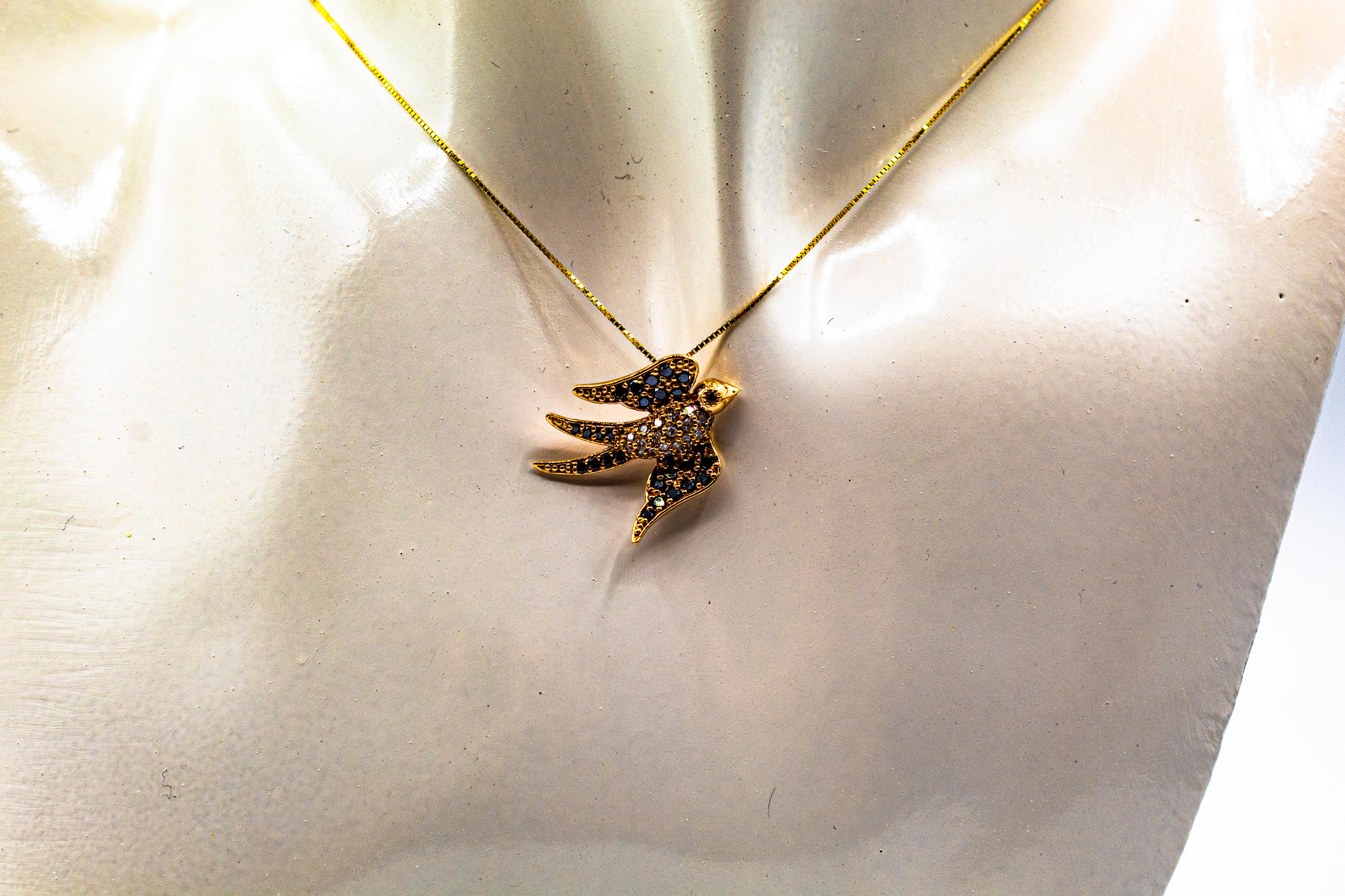 Art Nouveau Style Black White Diamond Ruby Rose Gold Swallow Pendant Necklace For Sale 3