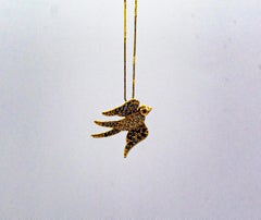 Art Nouveau Style Black White Diamond Ruby Rose Gold Swallow Pendant Necklace