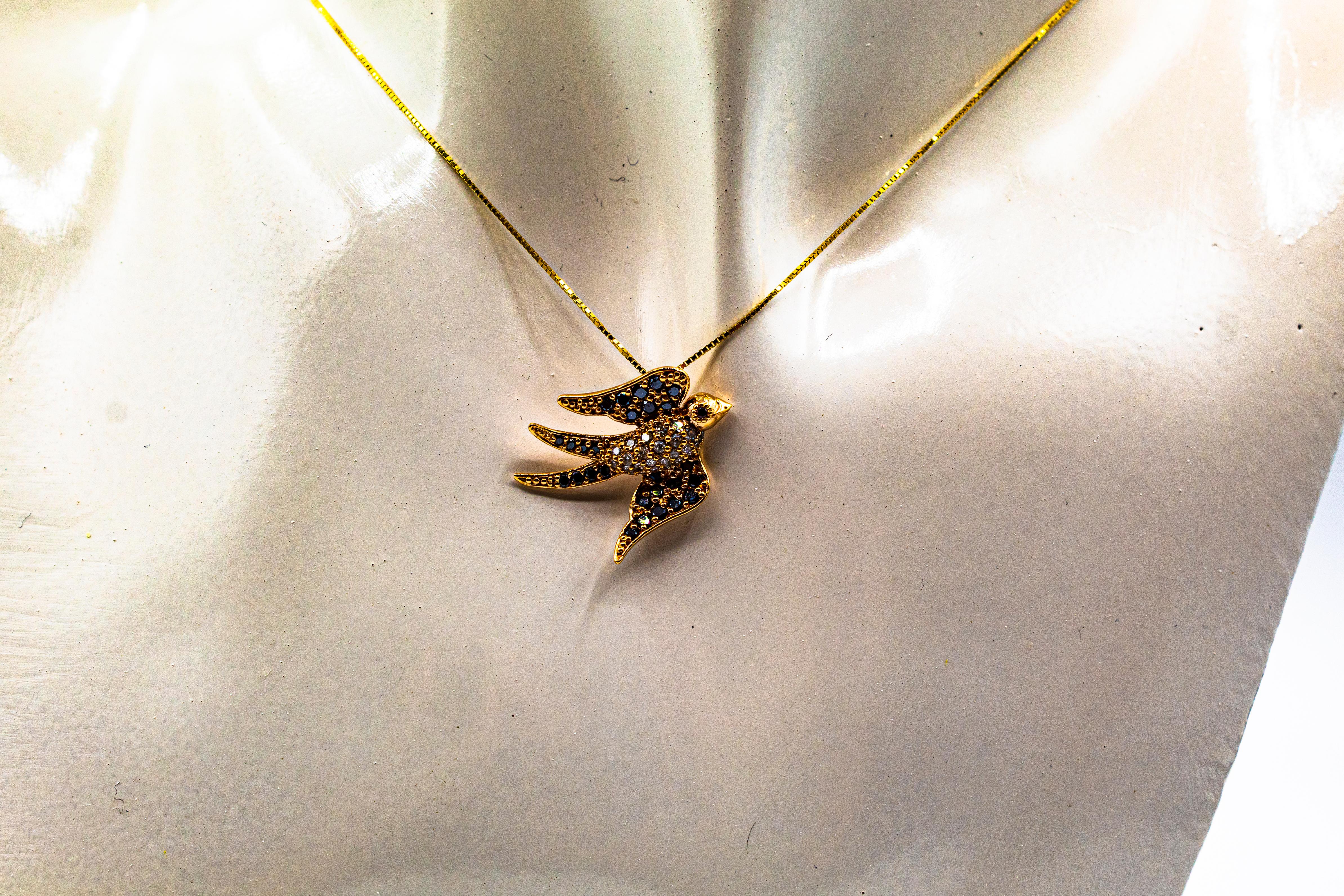 Art Nouveau Style Black White Diamond Ruby Rose Gold Swallow Pendant Necklace For Sale 2