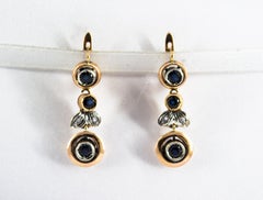 Art Nouveau Style Blue Sapphire White Diamond Yellow Gold Lever-Back Earrings