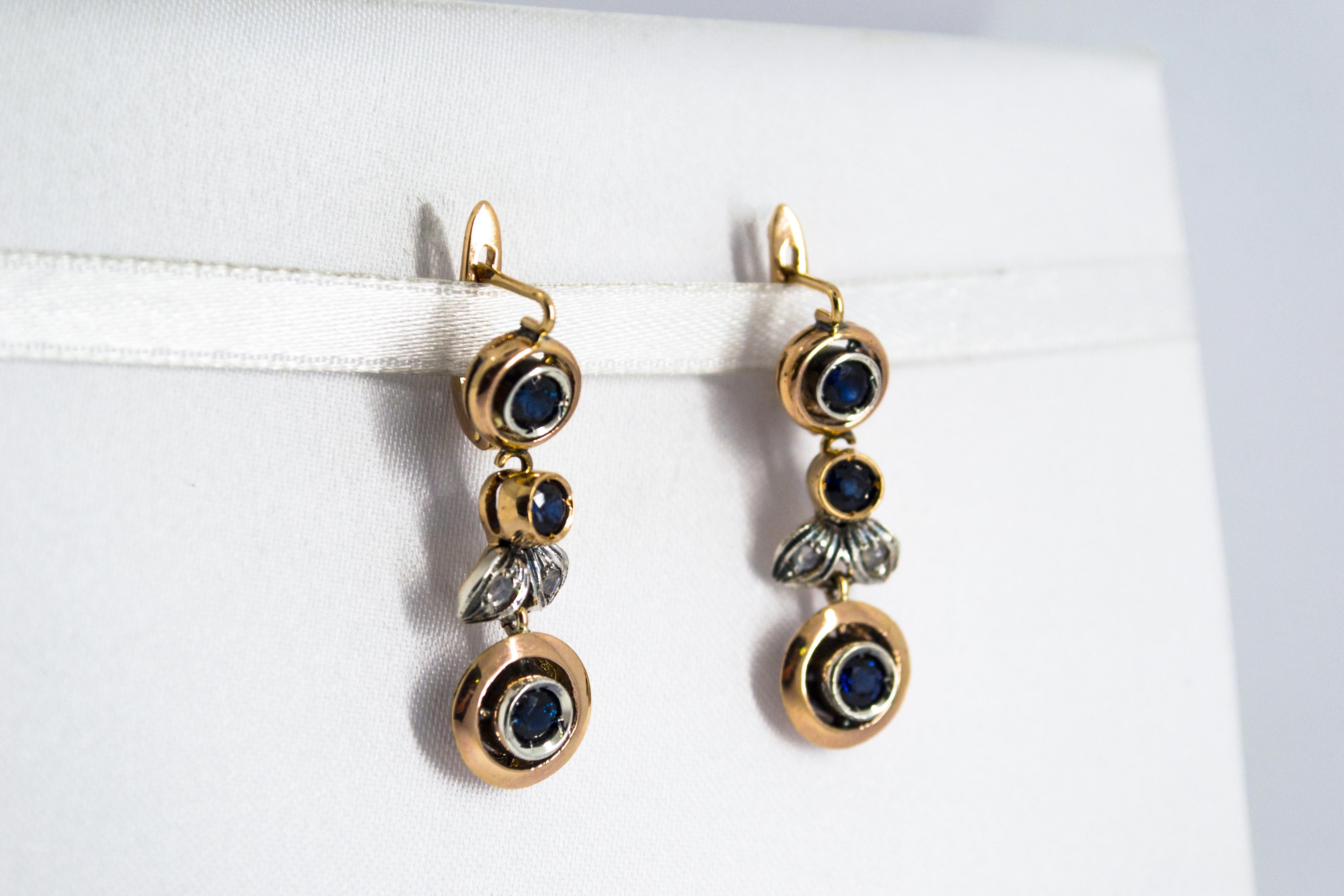 Rose Cut Art Nouveau Style Blue Sapphire White Diamond Yellow Gold Lever-Back Earrings For Sale