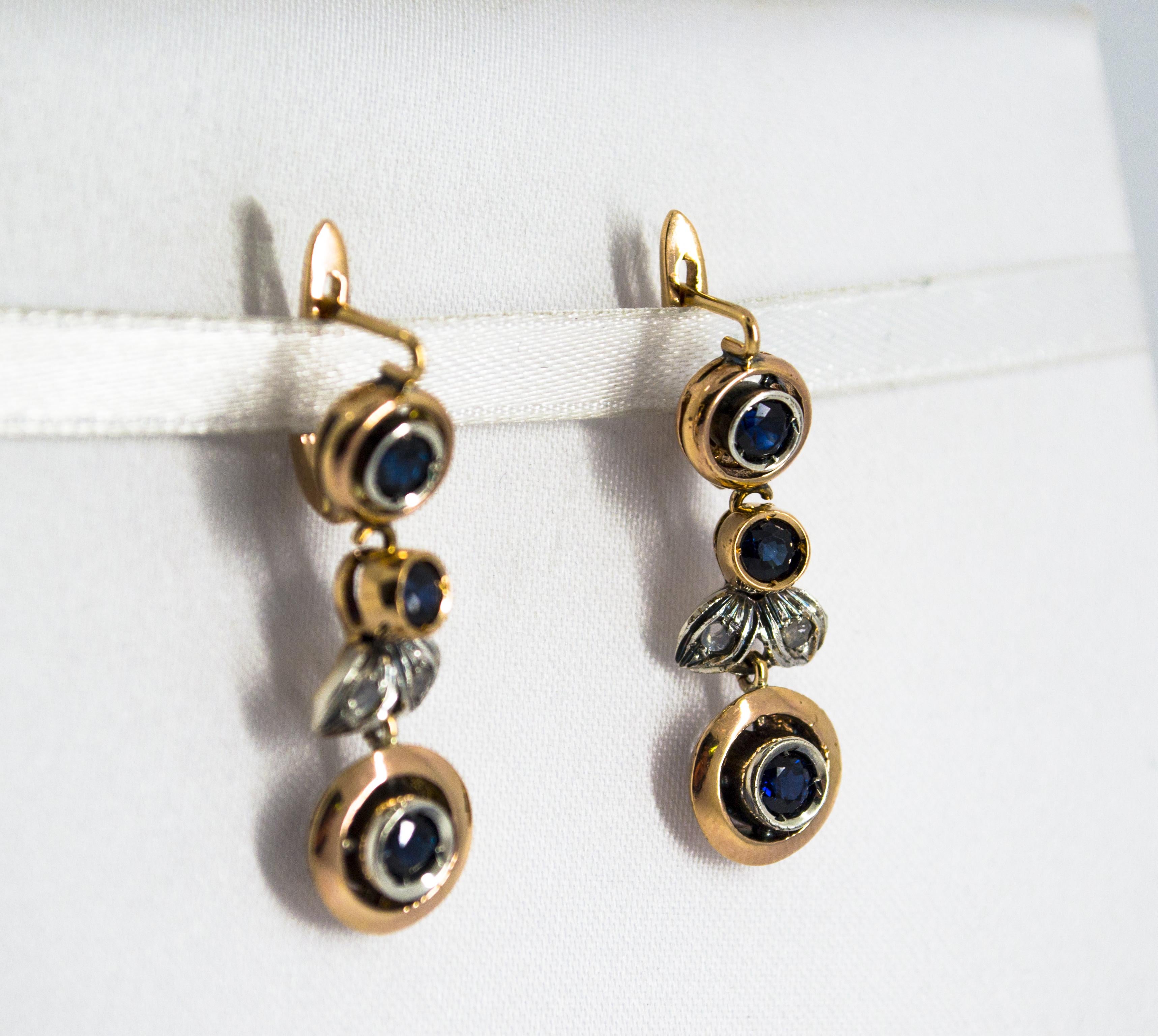 Art Nouveau Style Blue Sapphire White Diamond Yellow Gold Lever-Back Earrings In New Condition For Sale In Naples, IT