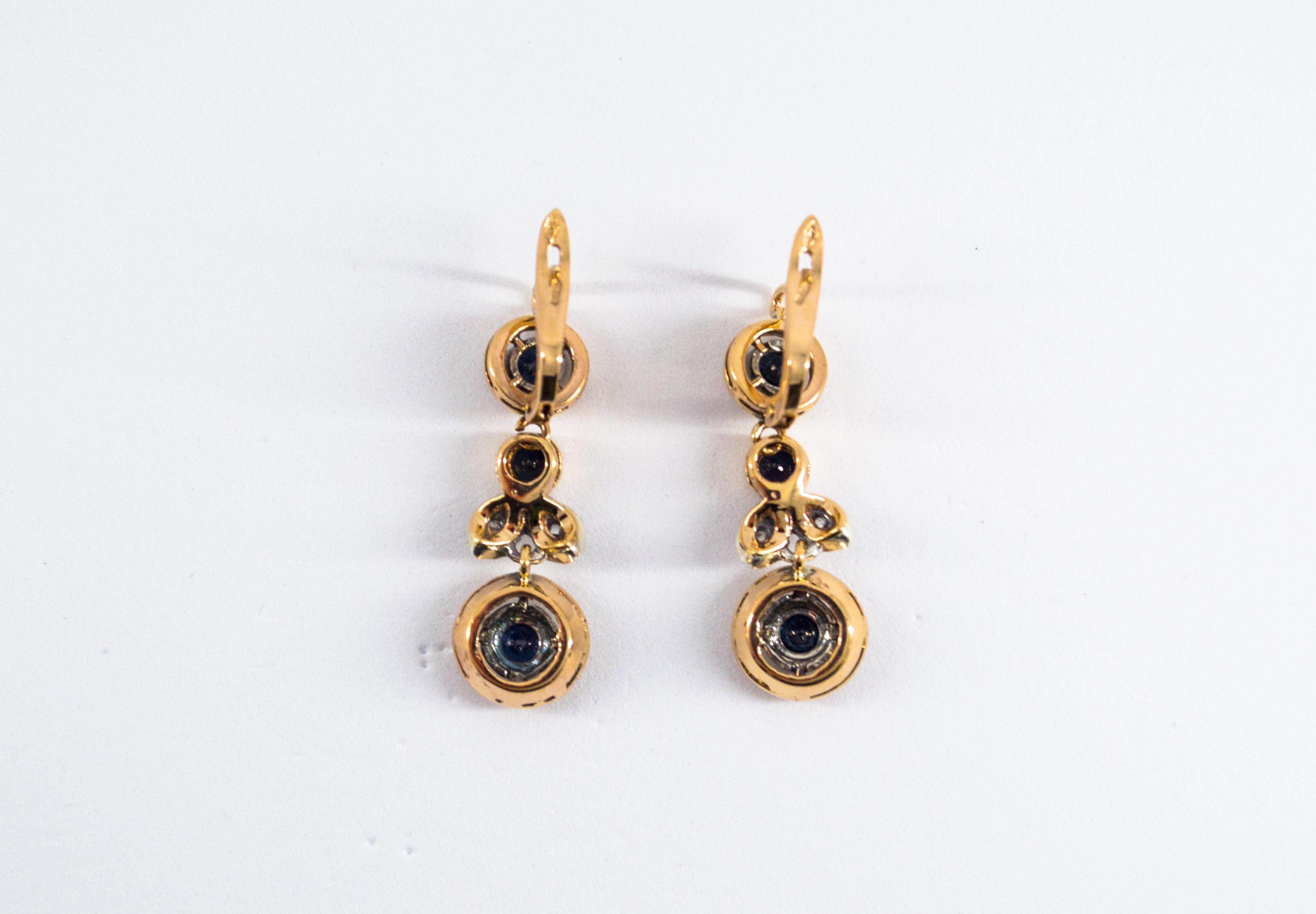 Women's or Men's Art Nouveau Style Blue Sapphire White Diamond Yellow Gold Lever-Back Earrings For Sale
