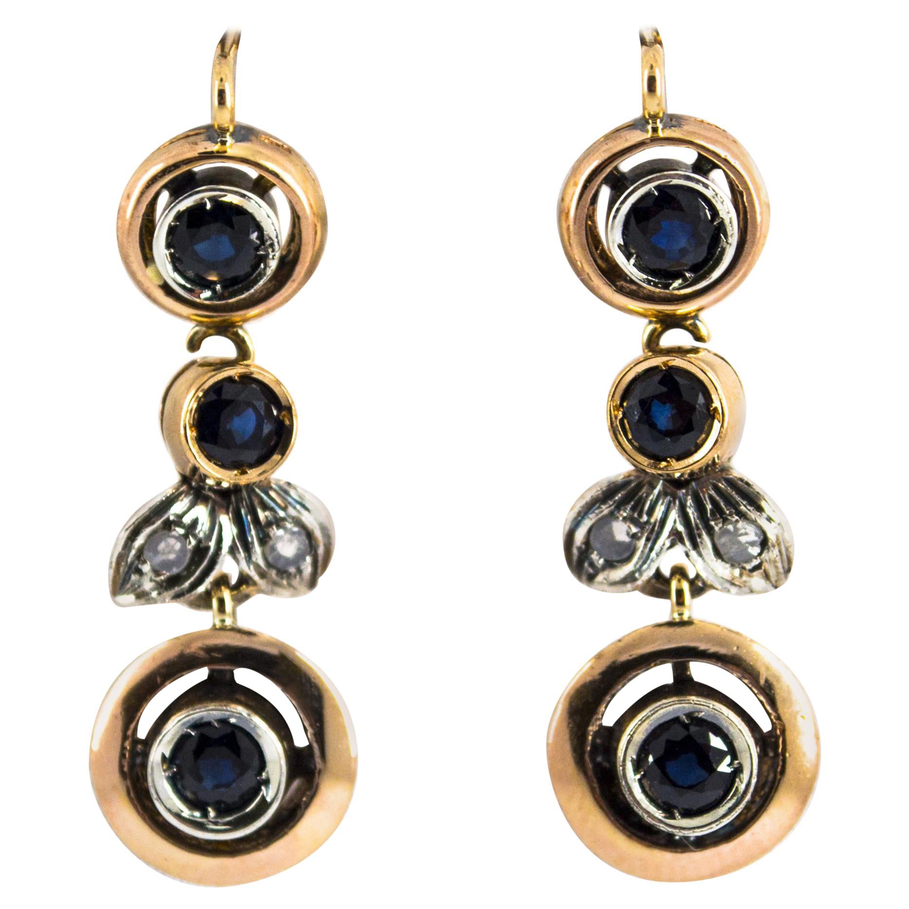 Orecchini a leva in oro giallo con diamante bianco e zaffiro blu in stile Art Nouveau