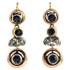 Pendientes de palanca de oro amarillo con zafiro azul y diamante blanco, estilo Art Nouveau