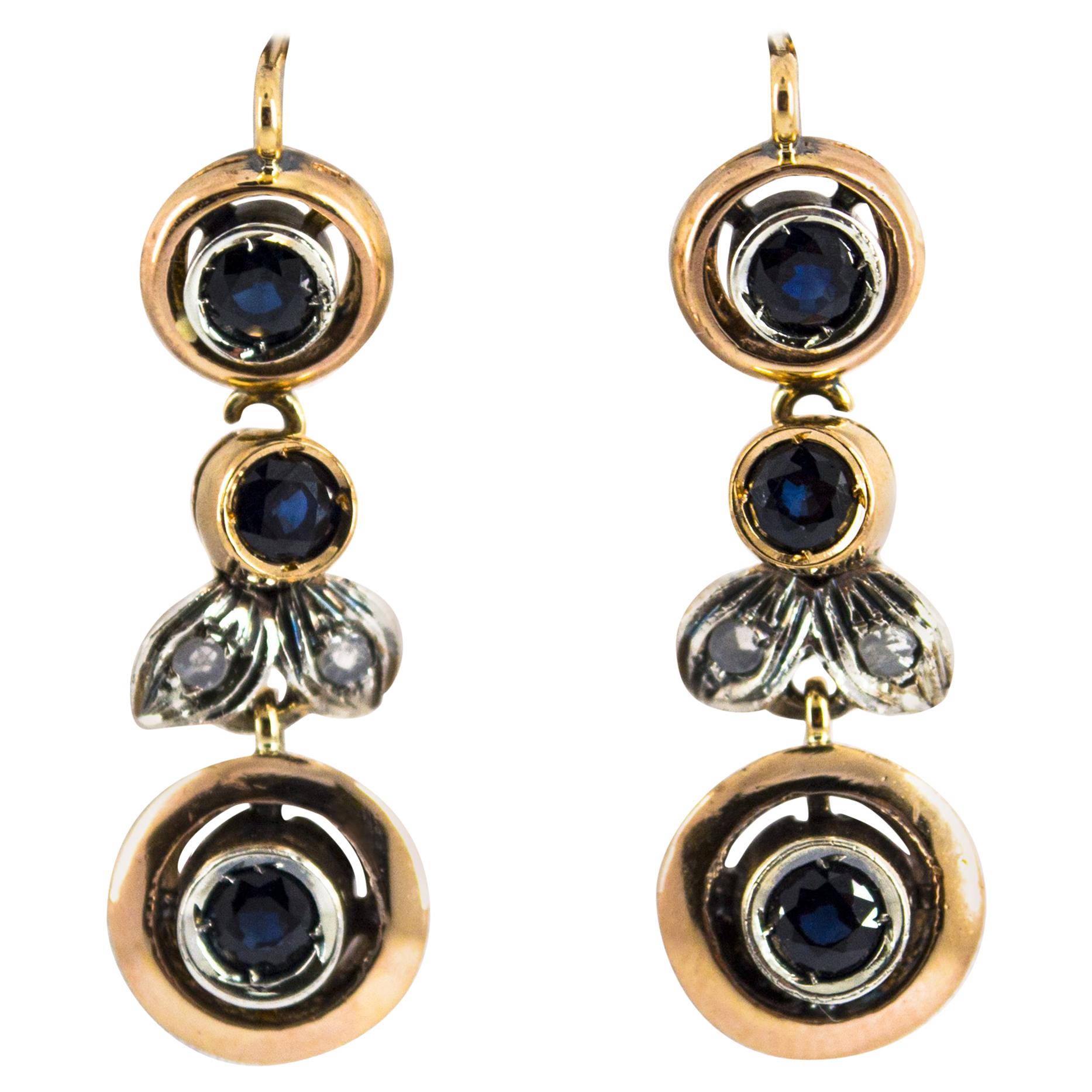 Pendientes de palanca de oro amarillo con zafiro azul y diamante blanco, estilo Art Nouveau en venta
