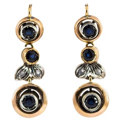 Pendientes de palanca de oro amarillo con zafiro azul y diamante blanco, estilo Art Nouveau