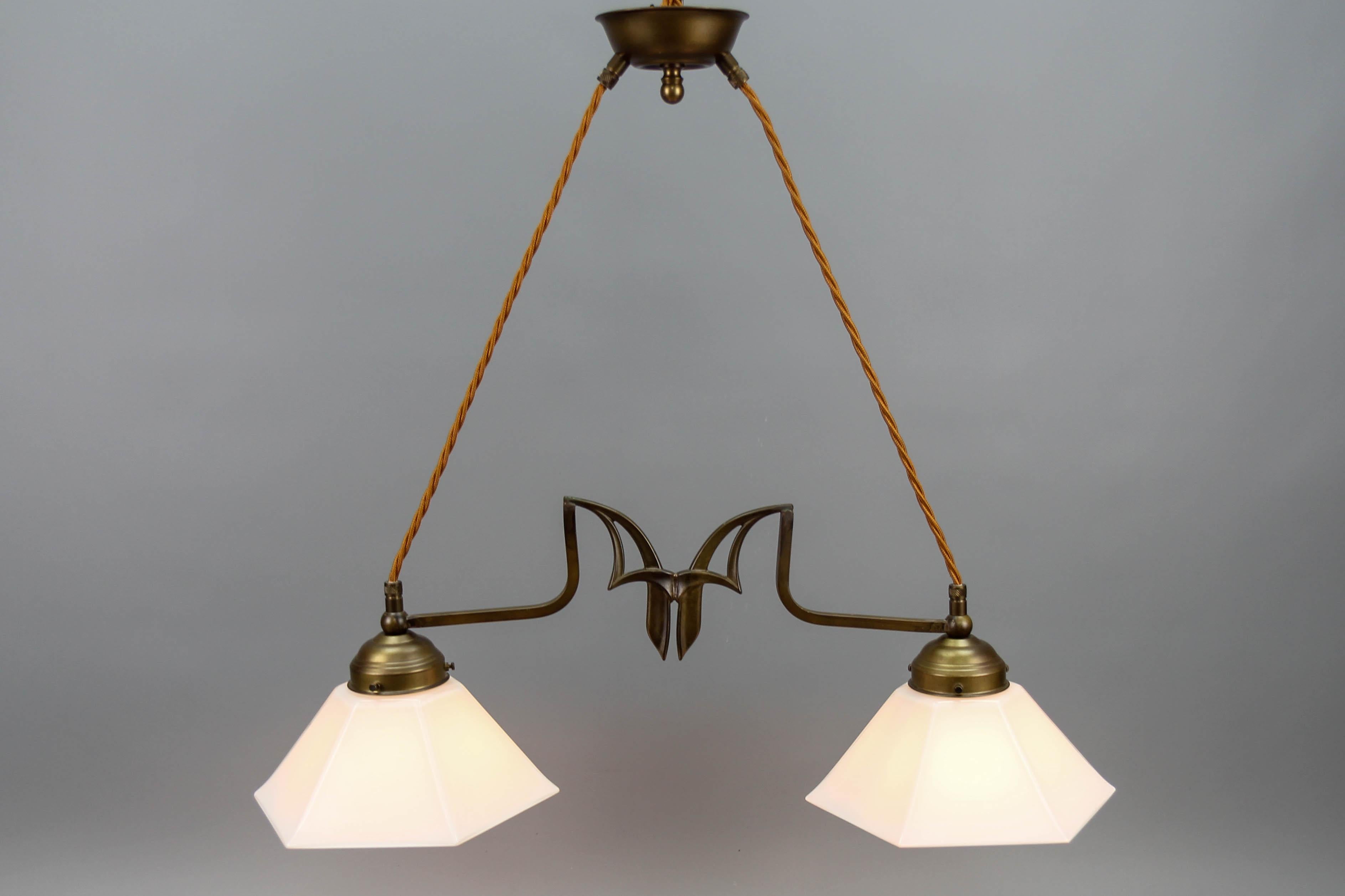 Art Nouveau Style Brass and White Glass Two-Light Pendant Chandelier For Sale 4