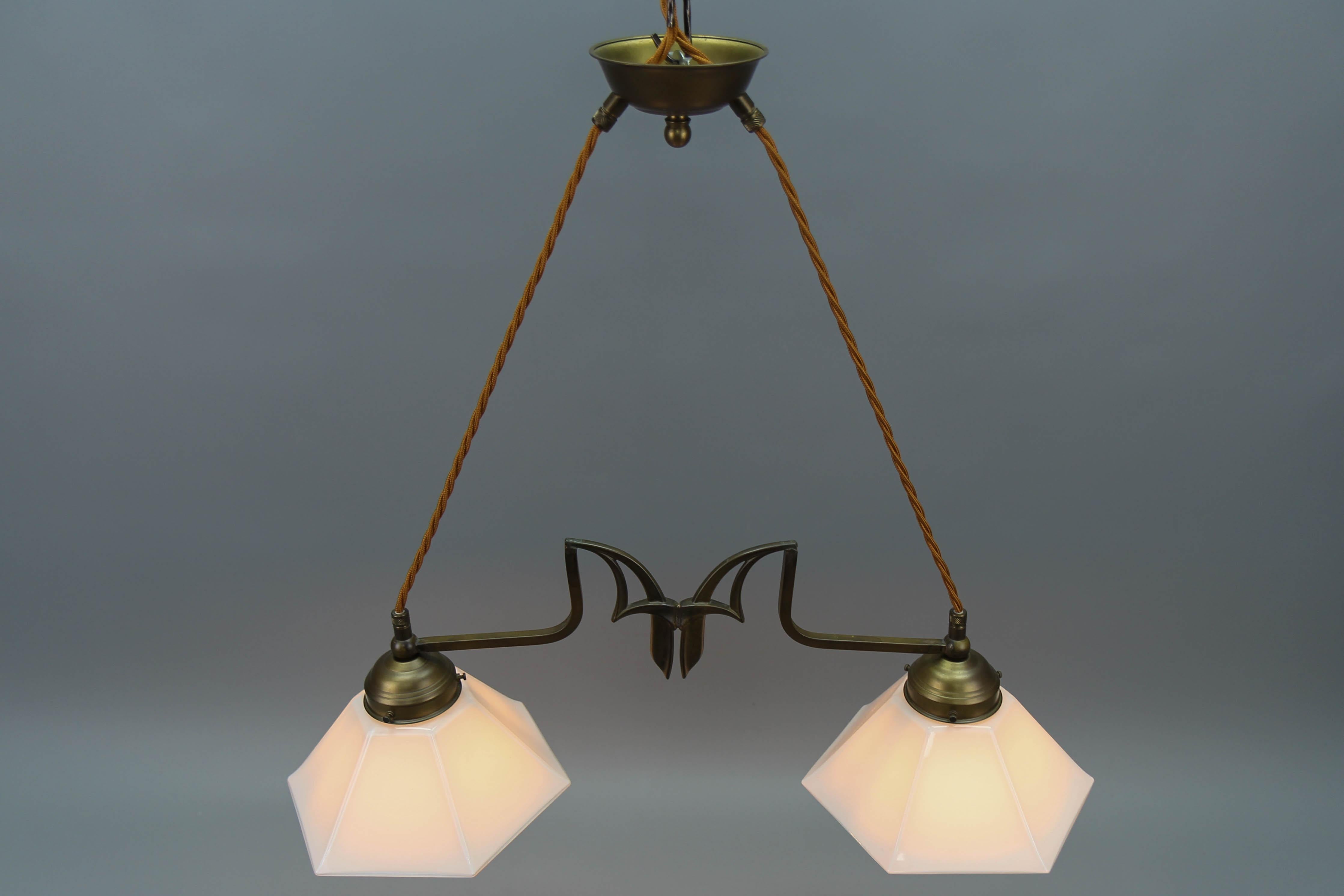 Art Nouveau Style Brass and White Glass Two-Light Pendant Chandelier For Sale 6