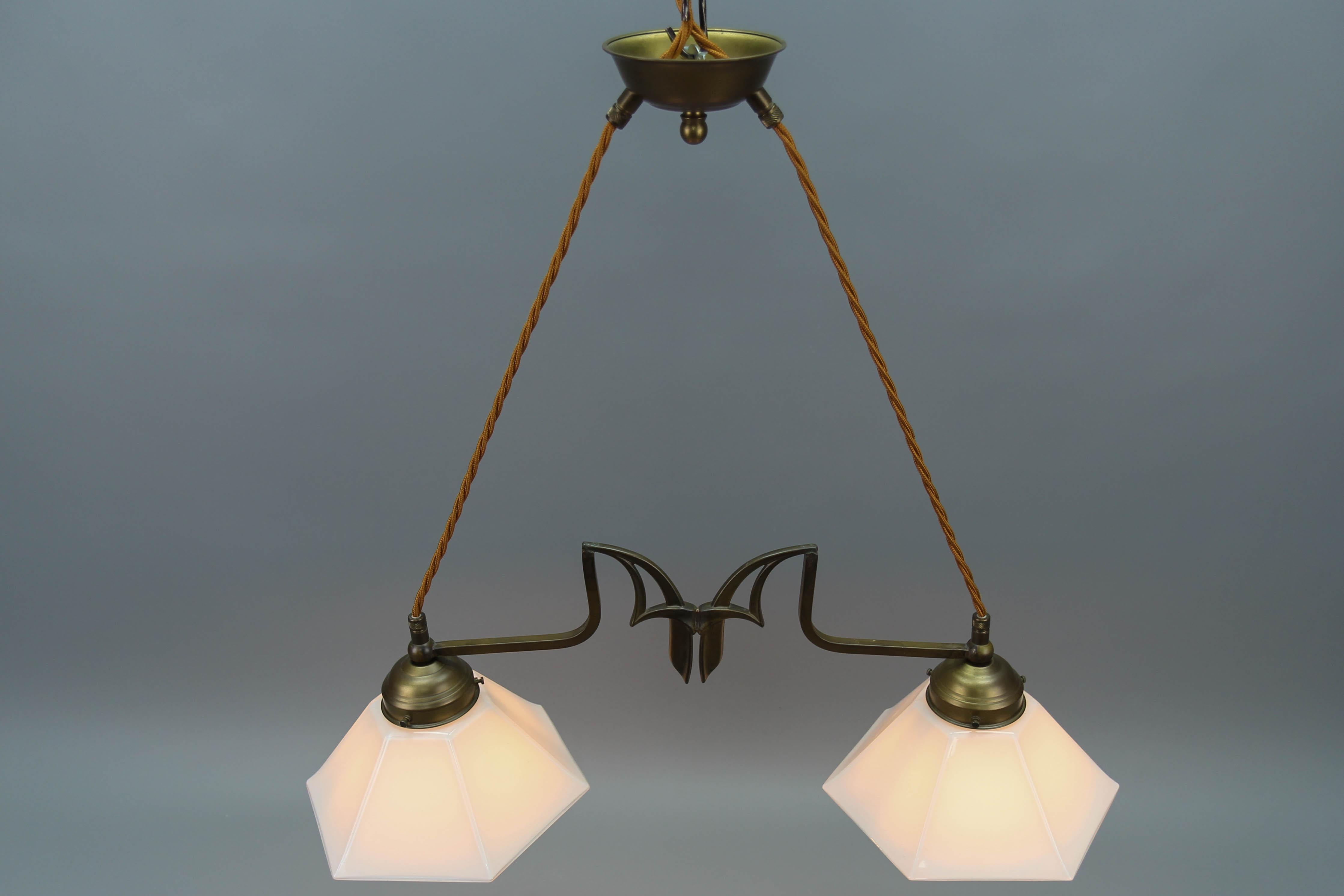 Art Nouveau Style Brass and White Glass Two-Light Pendant Chandelier For Sale 11