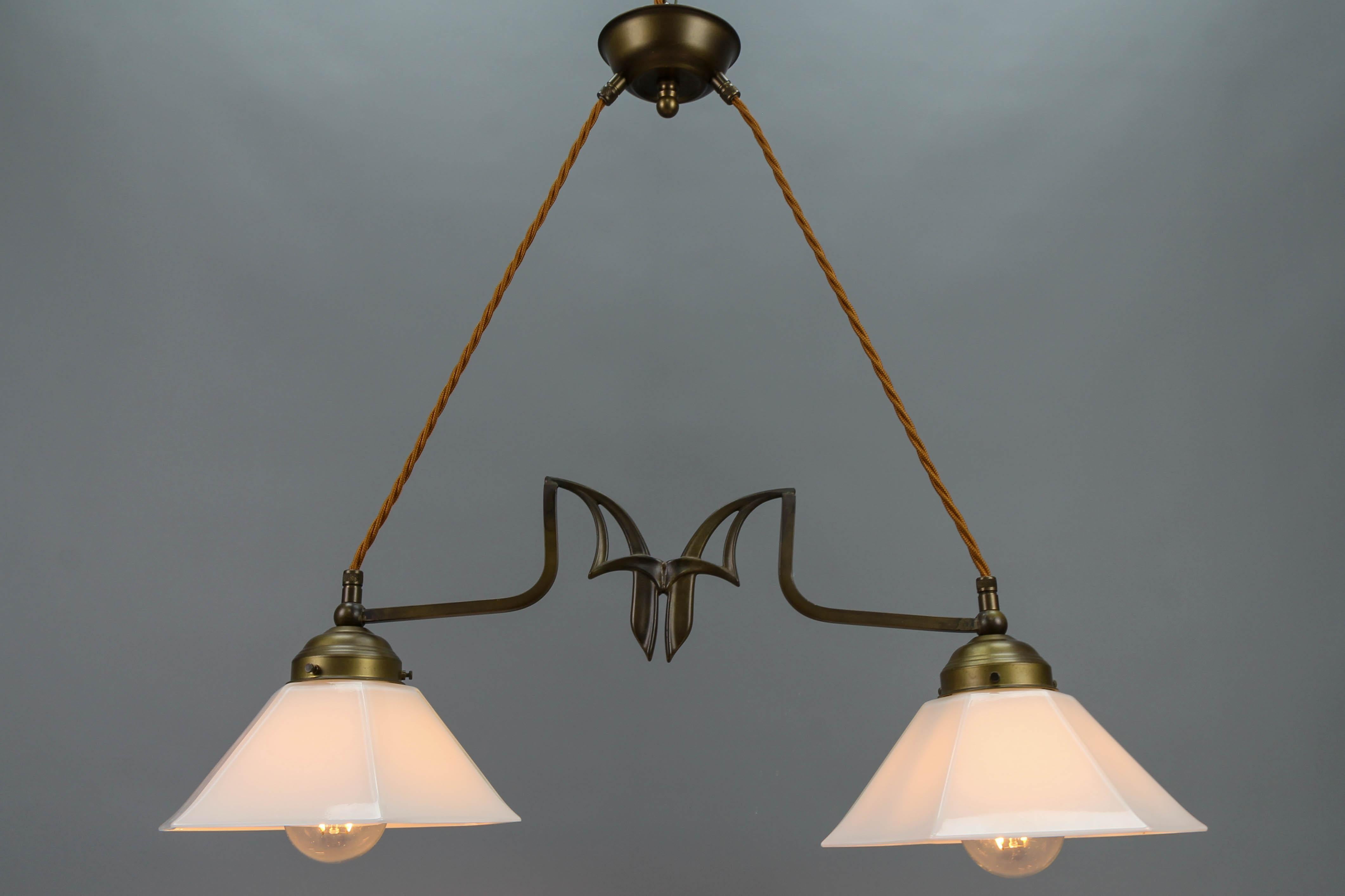 German Art Nouveau Style Brass and White Glass Two-Light Pendant Chandelier For Sale