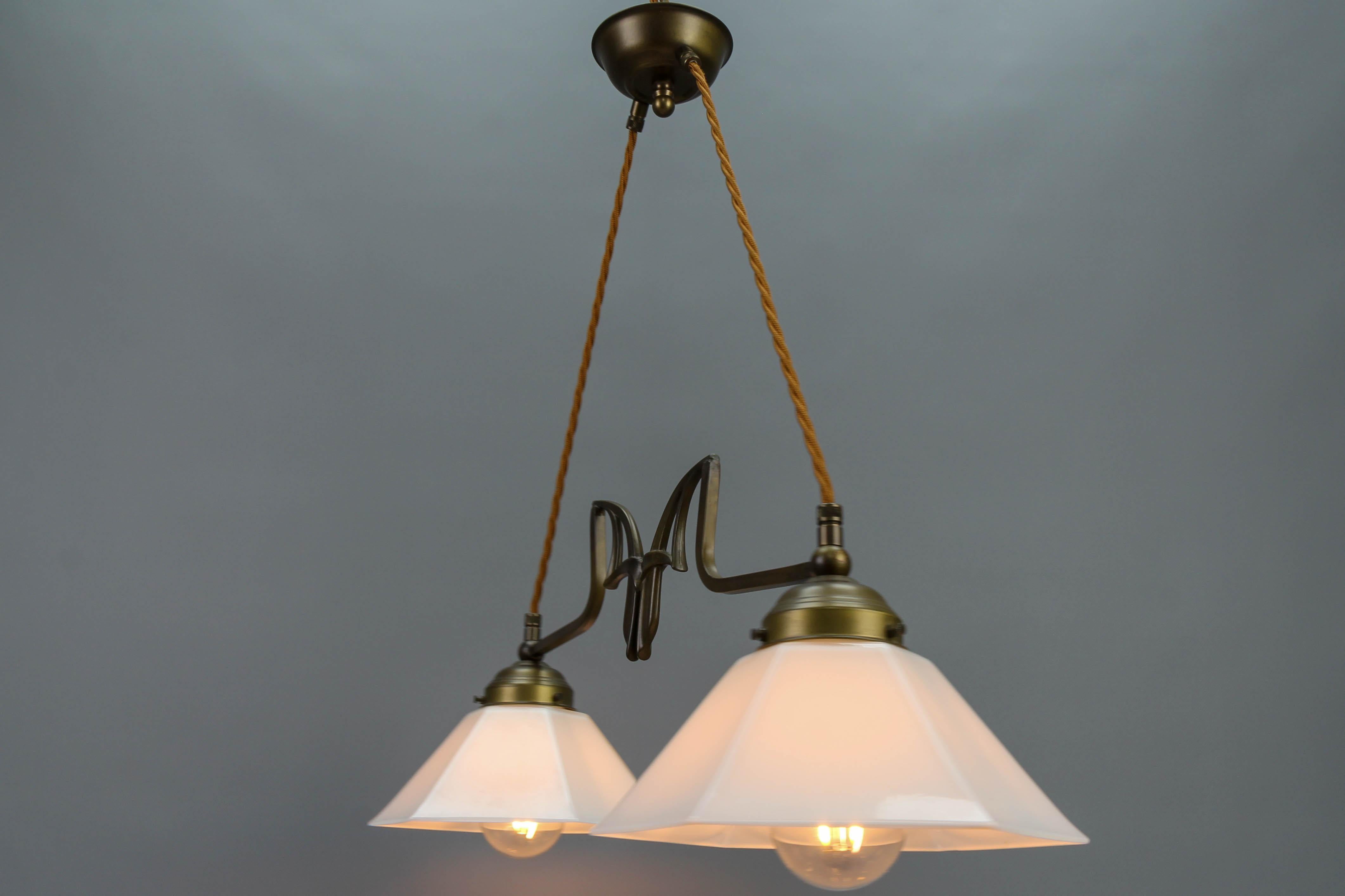 Art Nouveau Style Brass and White Glass Two-Light Pendant Chandelier In Good Condition For Sale In Barntrup, DE