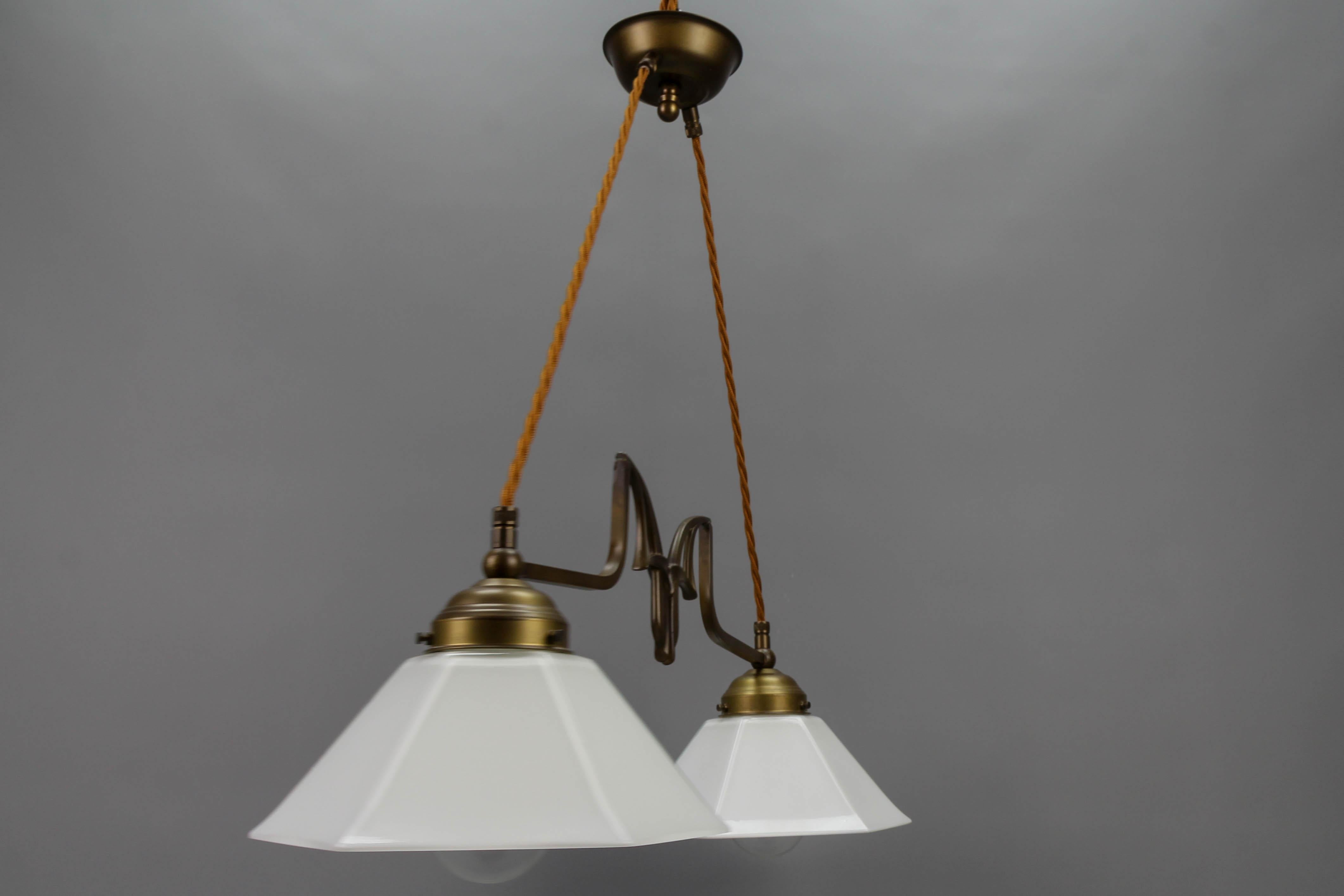 Art Nouveau Style Brass and White Glass Two-Light Pendant Chandelier For Sale 1