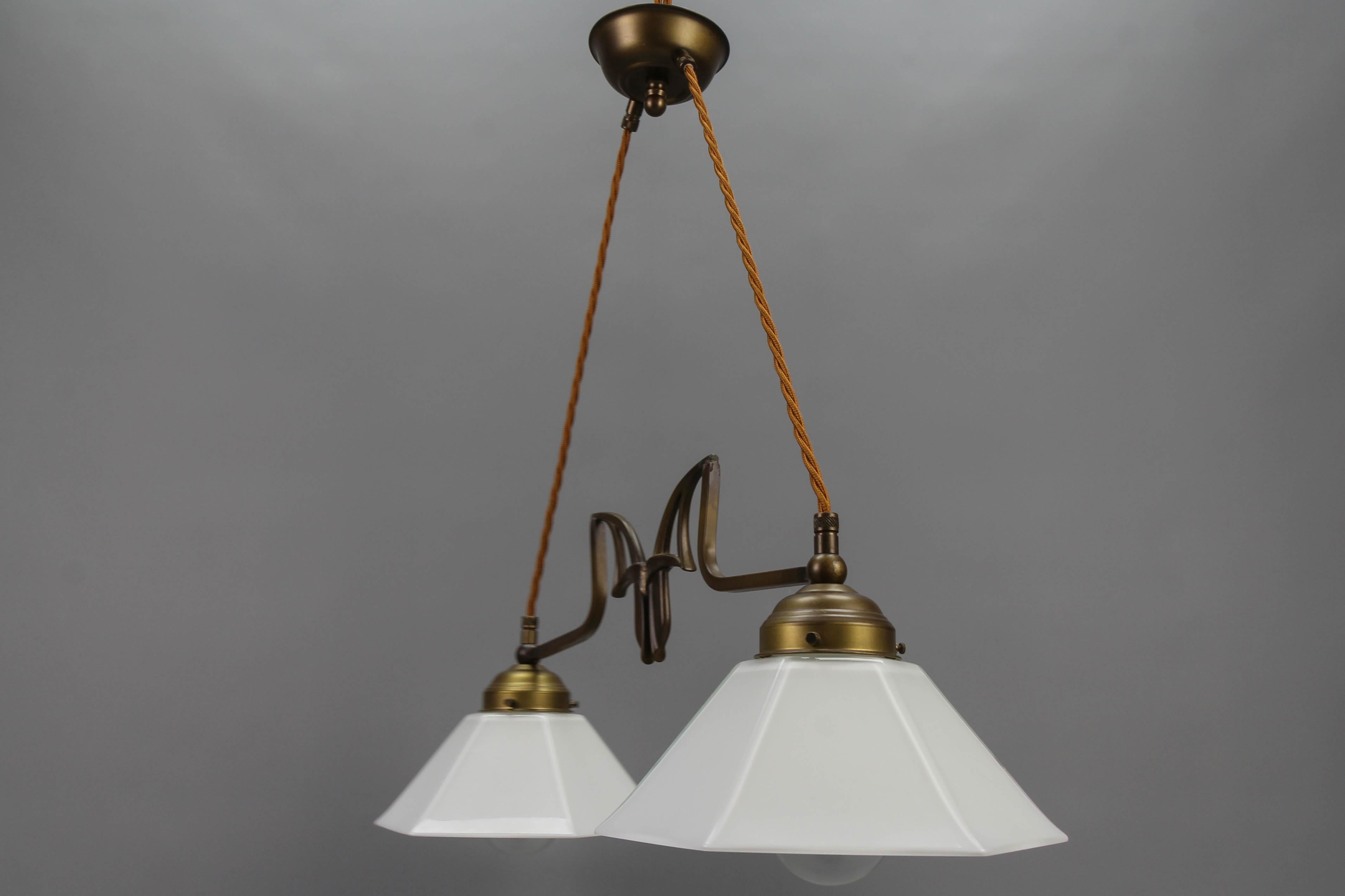 Art Nouveau Style Brass and White Glass Two-Light Pendant Chandelier For Sale 2