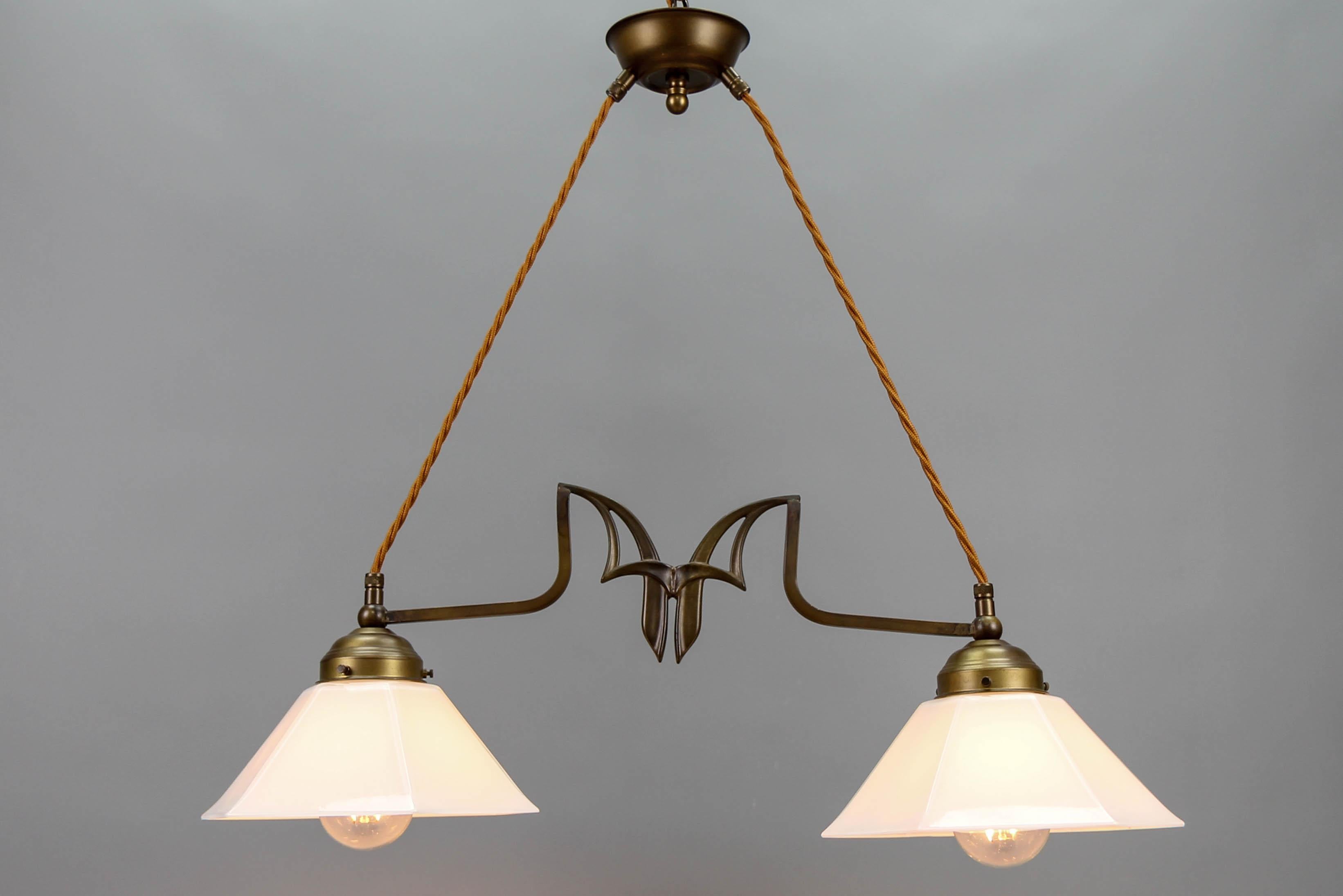 Art Nouveau Style Brass and White Glass Two-Light Pendant Chandelier For Sale 3