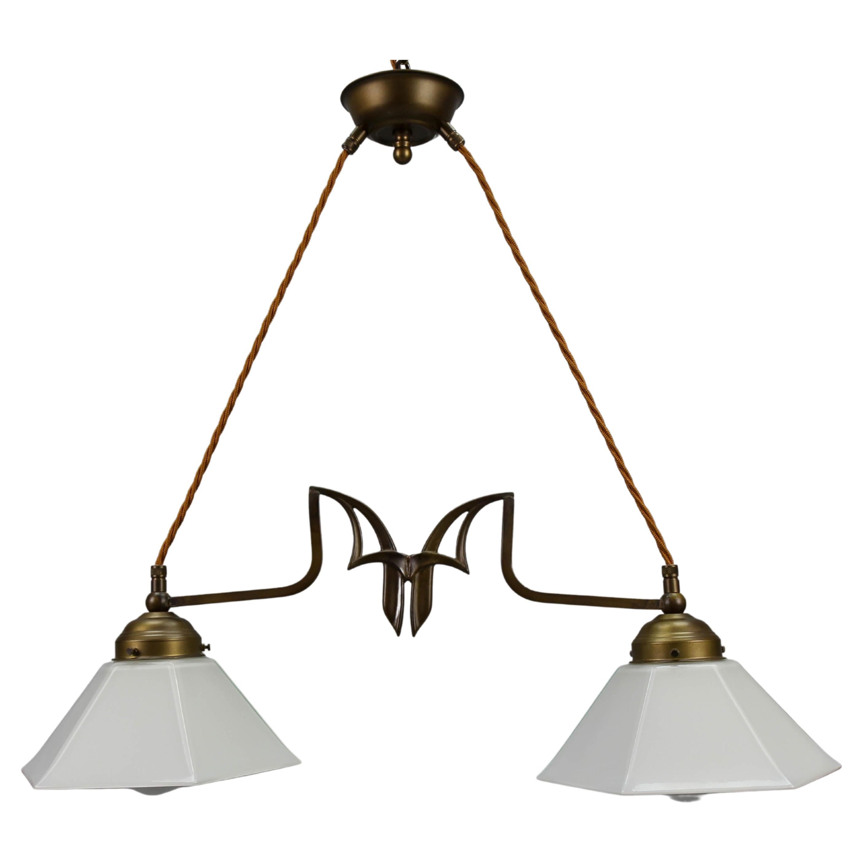 Art Nouveau Style Brass and White Glass Two-Light Pendant Chandelier For Sale