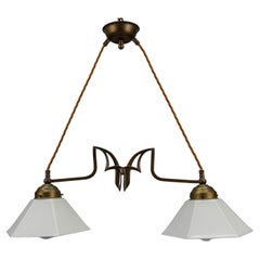 Vintage Art Nouveau Style Brass and White Glass Two-Light Pendant Chandelier