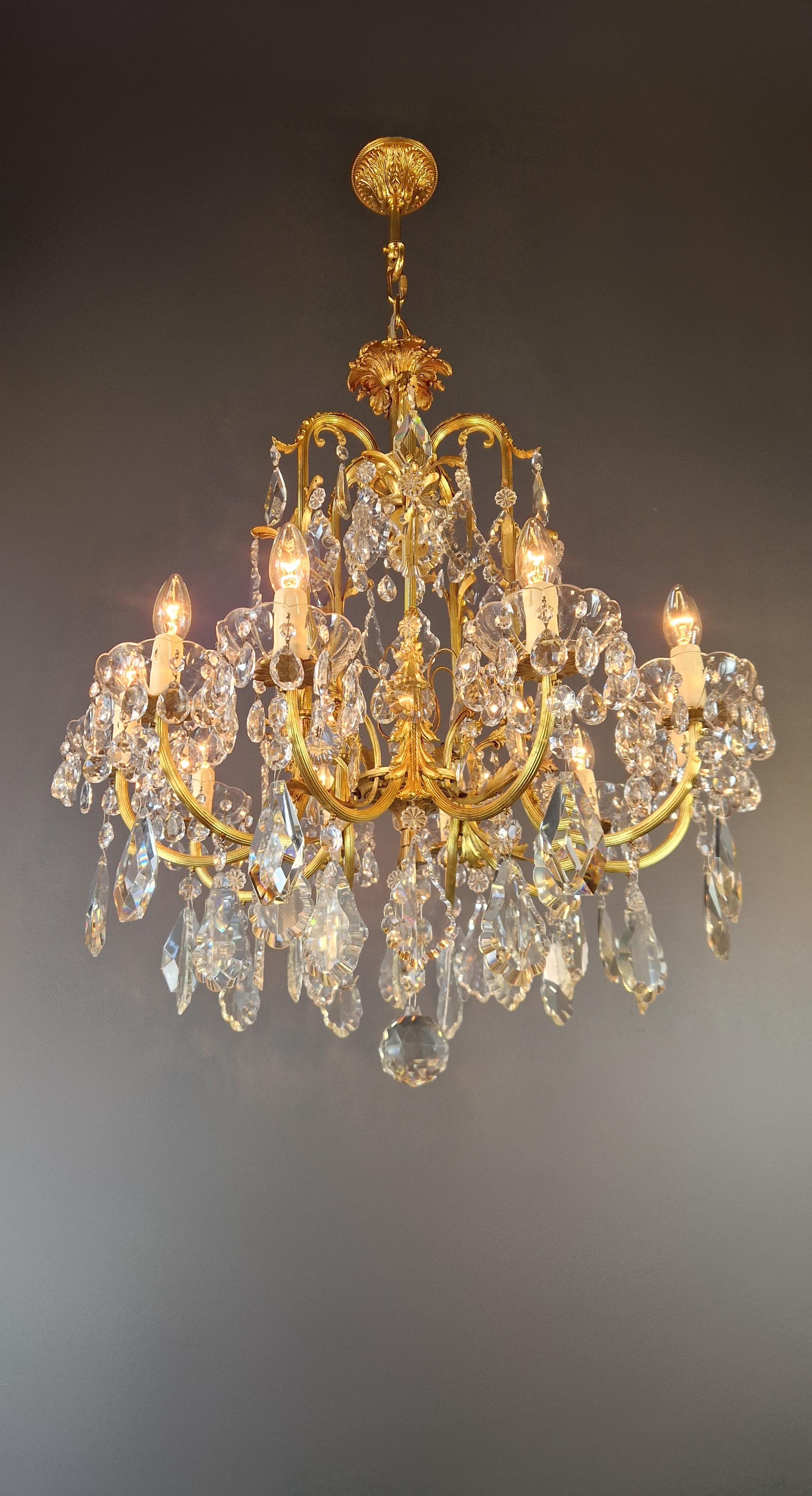 Aesthetic Movement Art Nouveau Style Brass Crystal Chandelier Gold Art Deco 1920 For Sale