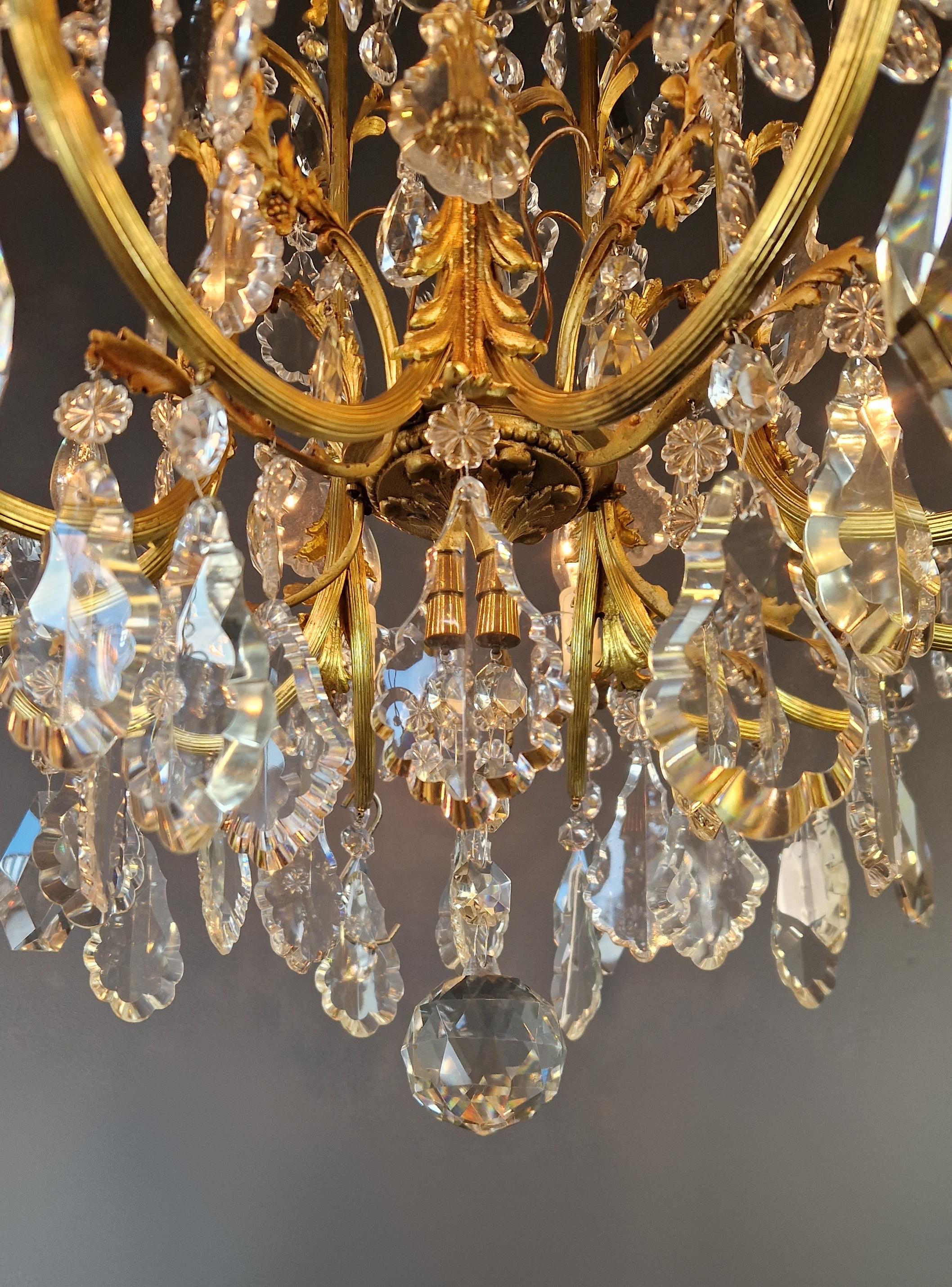 Italian Art Nouveau Style Brass Crystal Chandelier Gold Art Deco 1920 For Sale