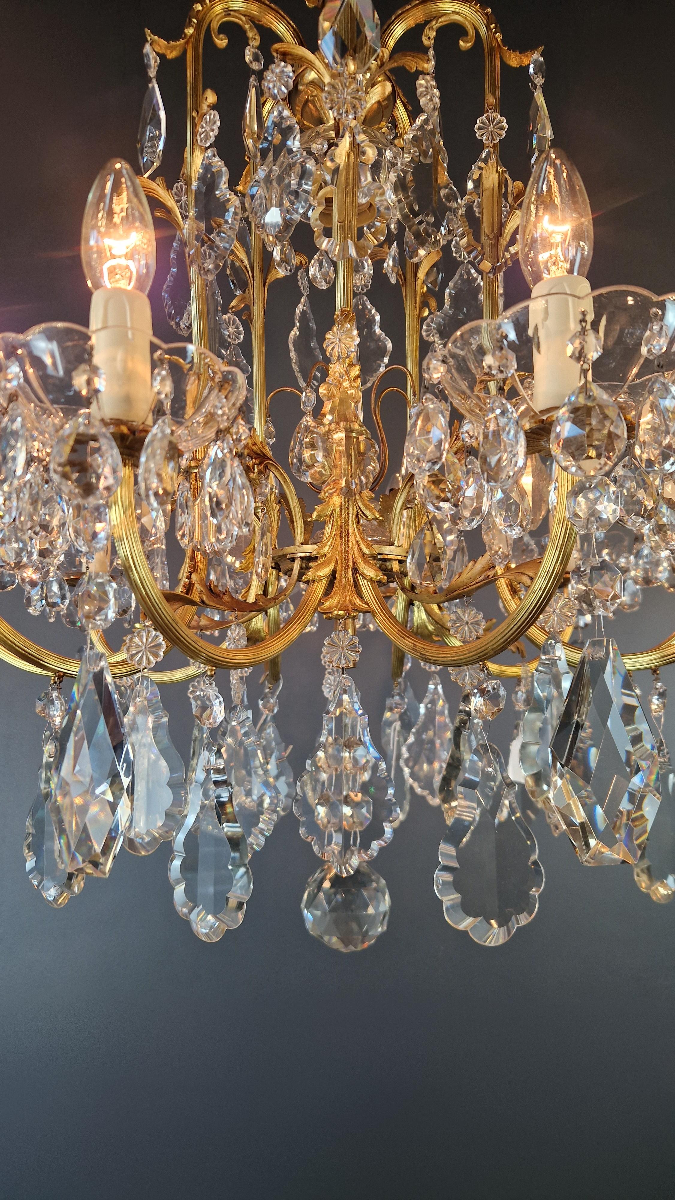 Hand-Knotted Art Nouveau Style Brass Crystal Chandelier Gold Art Deco 1920 For Sale