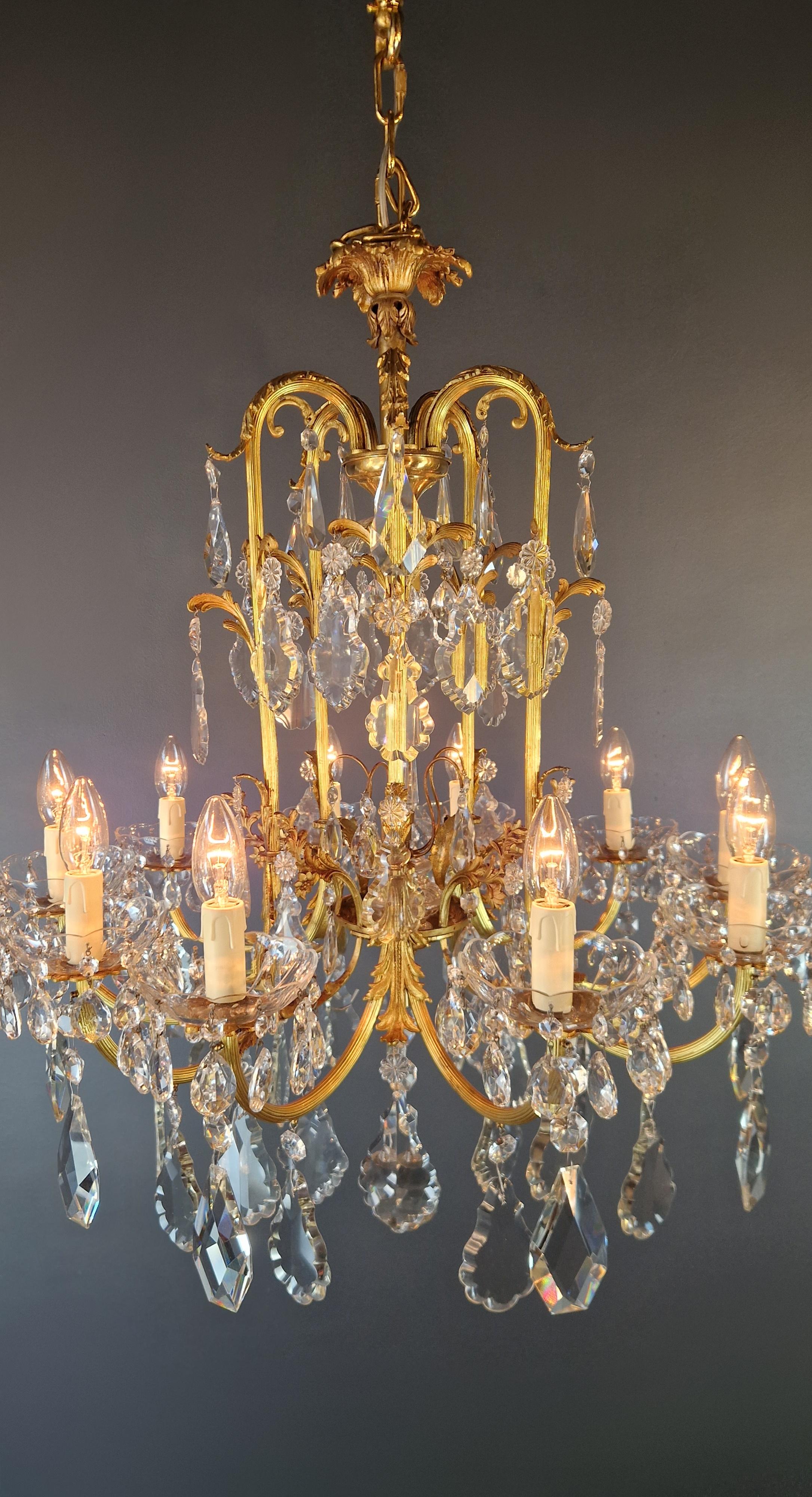 Art Nouveau Style Brass Crystal Chandelier Gold Art Deco 1920 For Sale 1