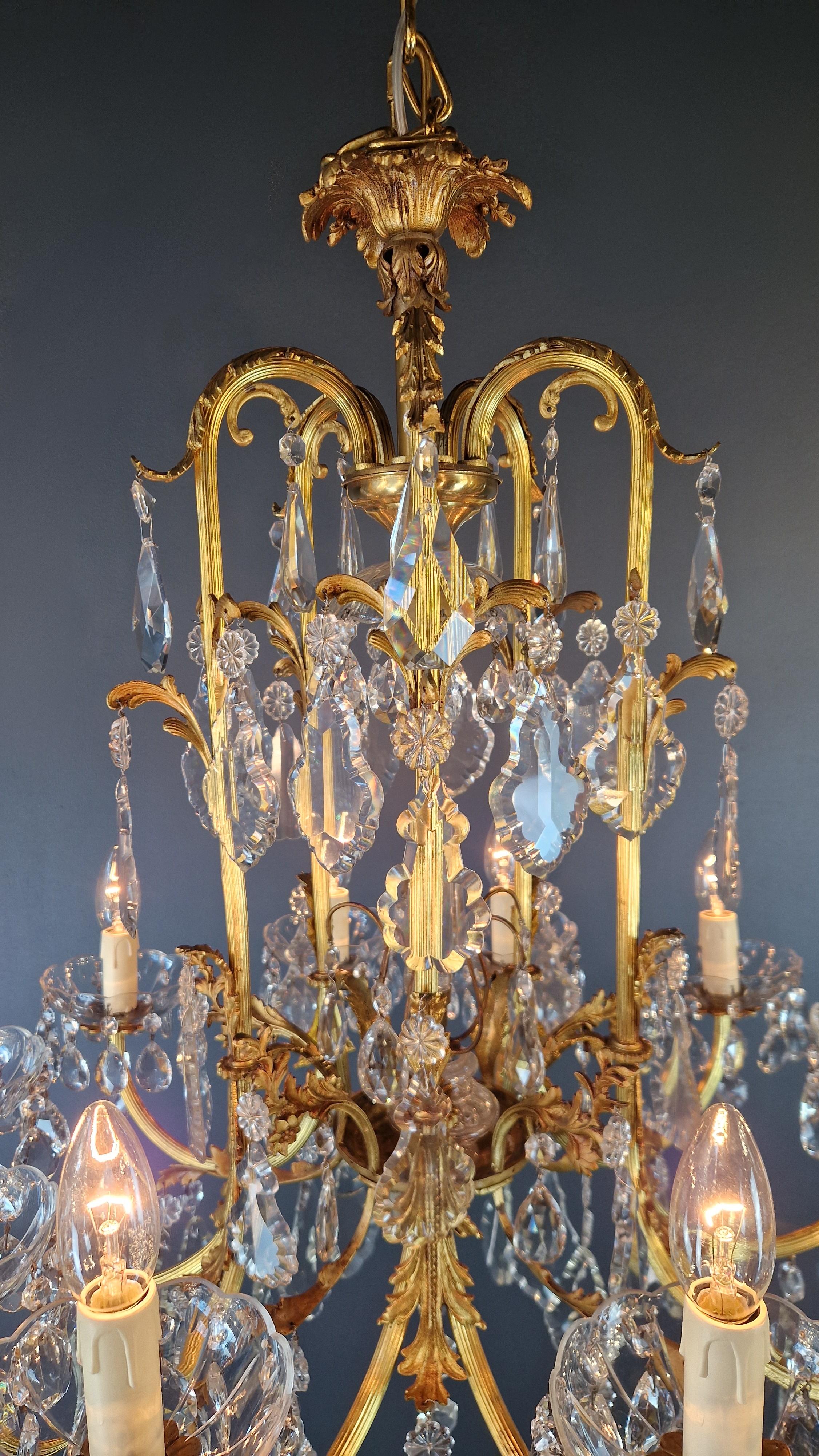 Art Nouveau Style Brass Crystal Chandelier Gold Art Deco 1920 For Sale 2