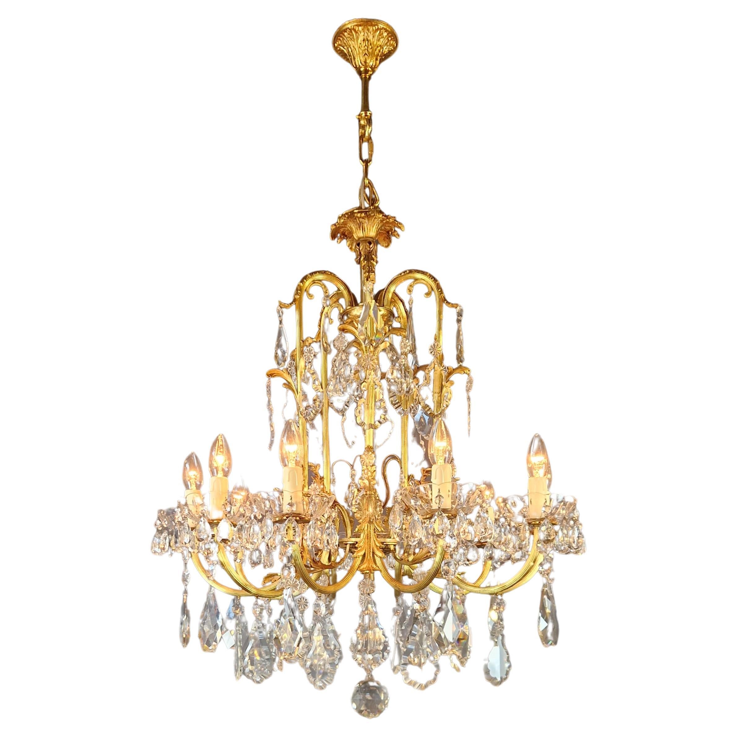 Art Nouveau Style Brass Crystal Chandelier Gold Art Deco 1920
