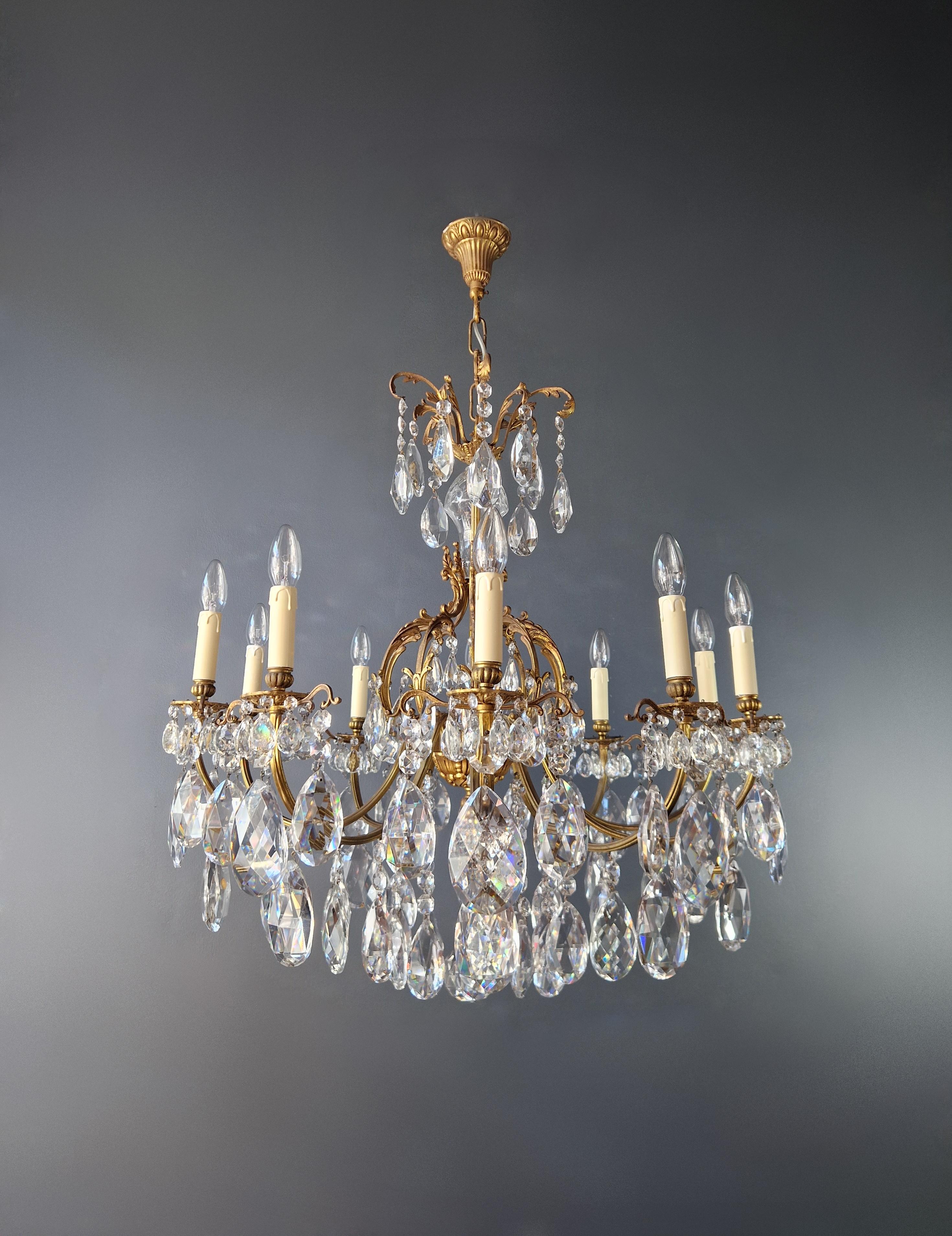 Aesthetic Movement Art Nouveau Style Brass Crystal Chandelier Gold Foliage  For Sale