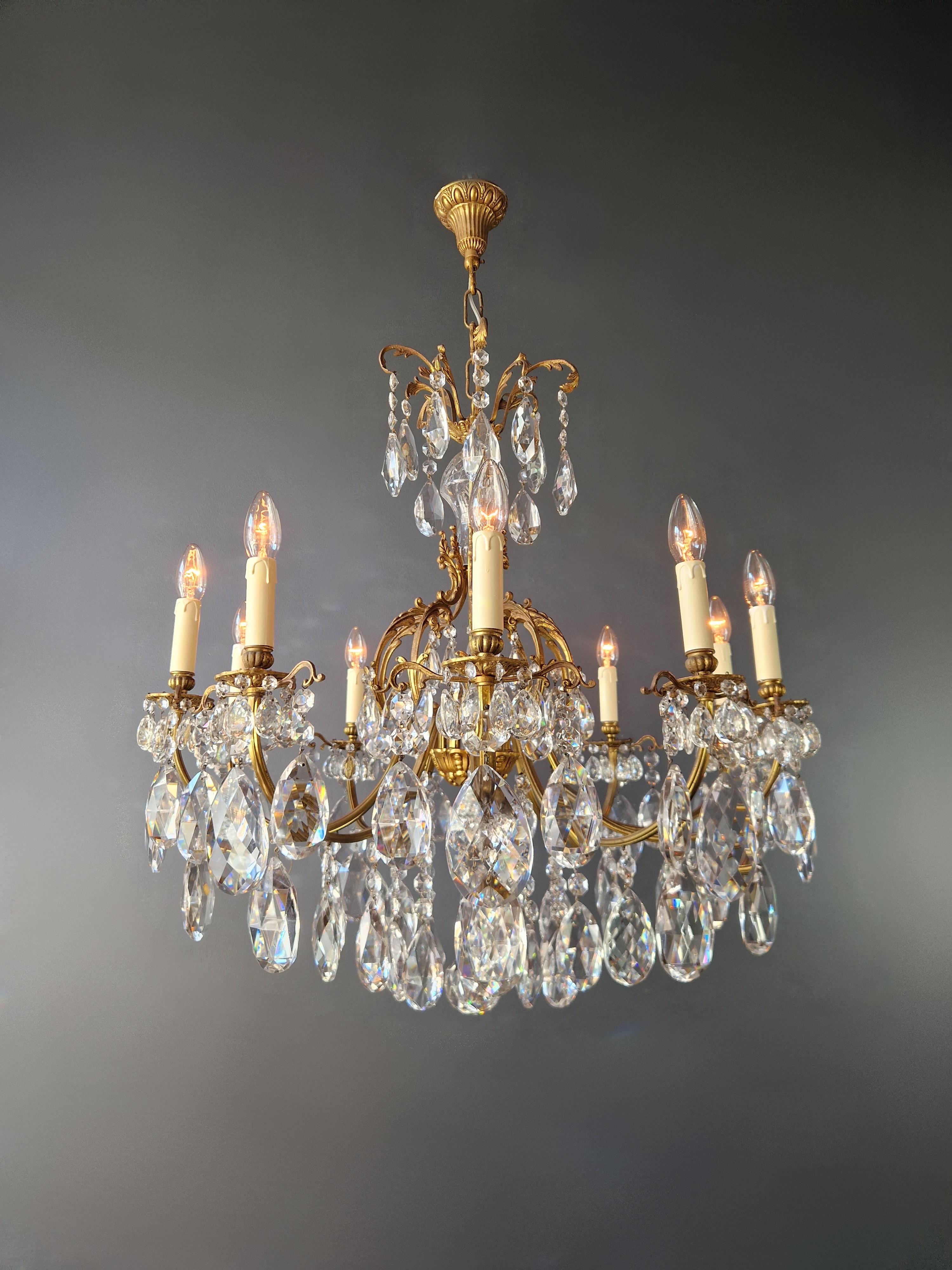 Italian Art Nouveau Style Brass Crystal Chandelier Gold Foliage  For Sale